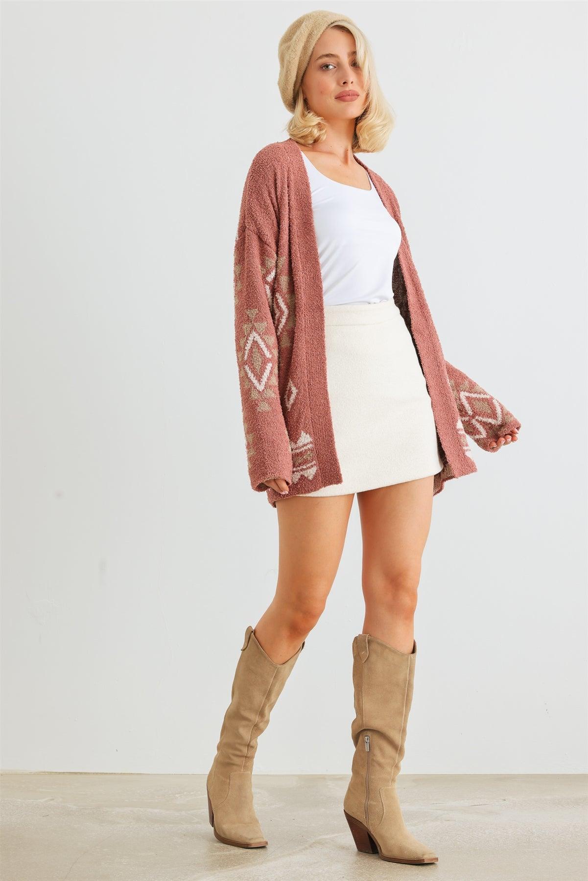 Brick Tribal Print Knit Long Sleeve Open Front Cardigan /2-2