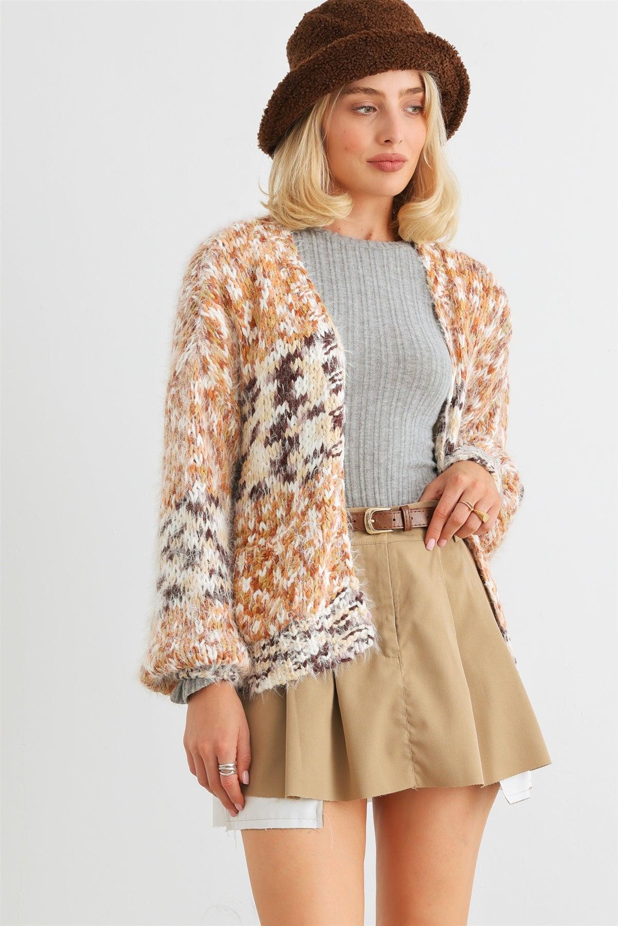 Mocha Mix Crochet Knit Fuzzy Two Pocket Open Front Cardigan /2-2-2