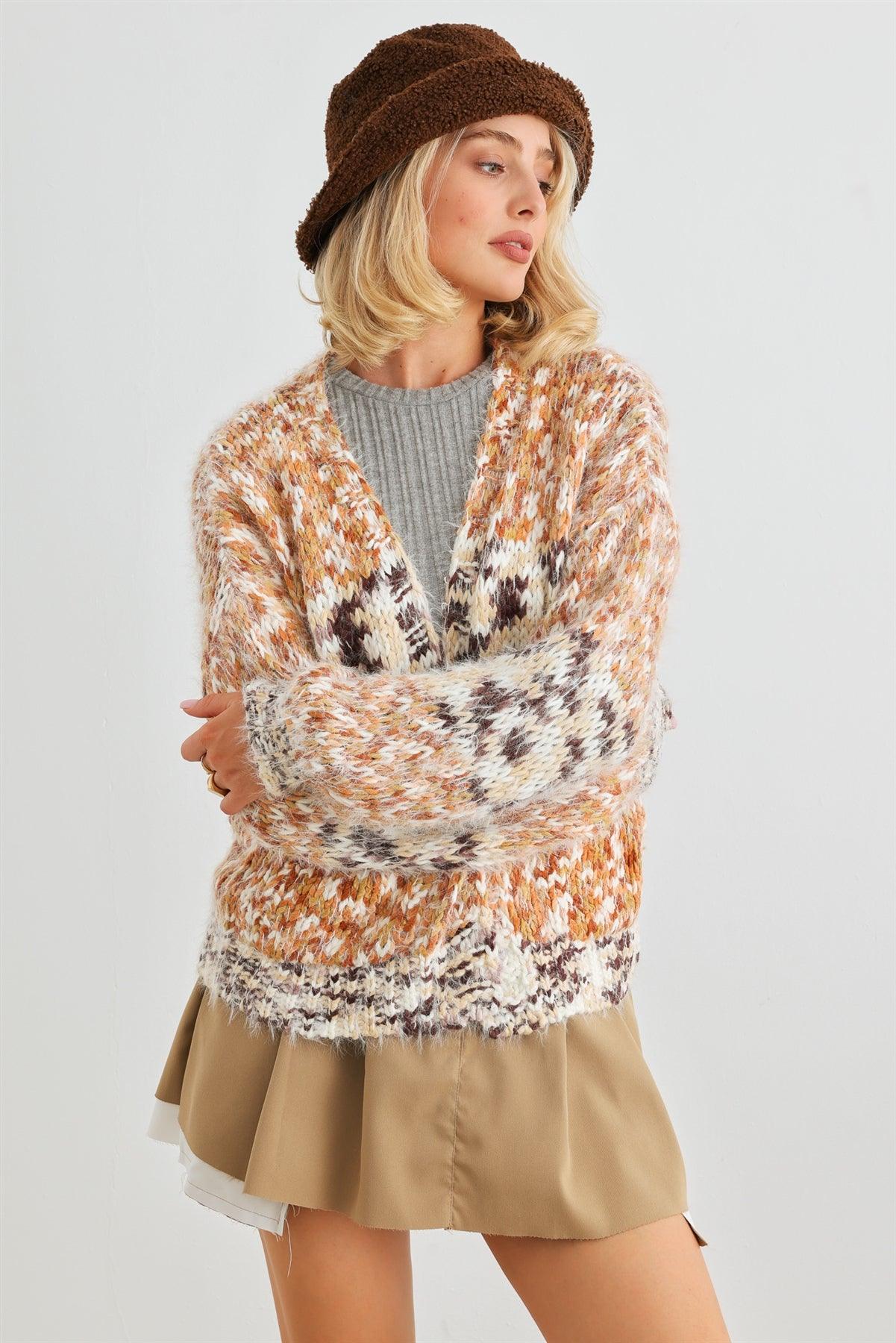 Mocha Mix Crochet Knit Fuzzy Two Pocket Open Front Cardigan /2-2-2