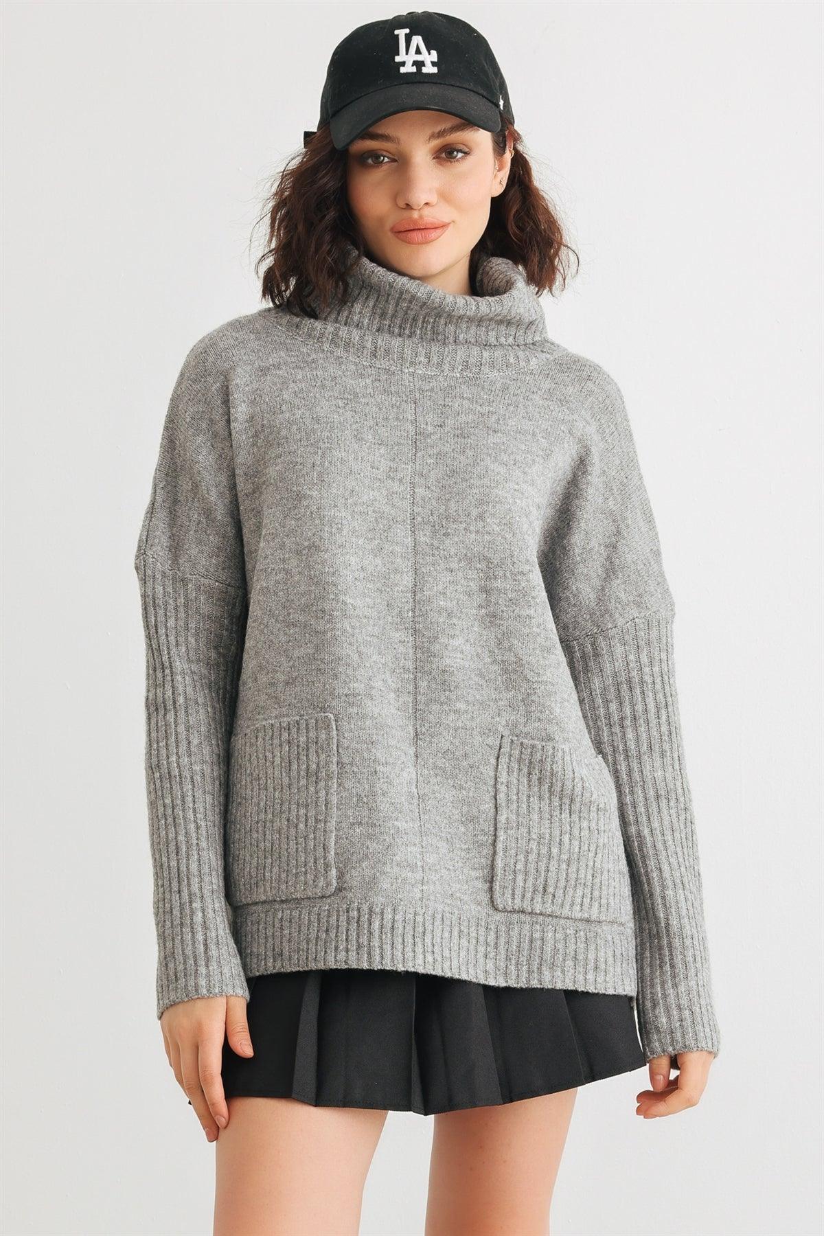 Heather Grey Knit Turtle Neck Two Pocket Long Sleeve Sweater /2-2-2