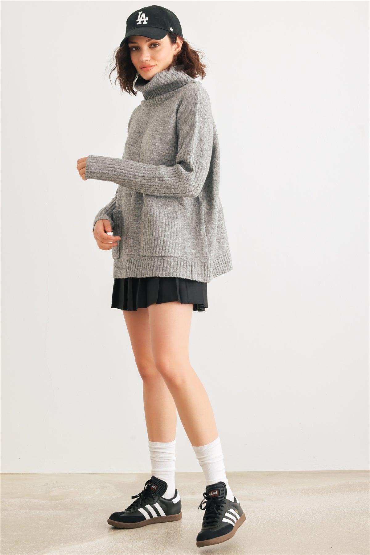 Heather Grey Knit Turtle Neck Two Pocket Long Sleeve Sweater /2-2-2