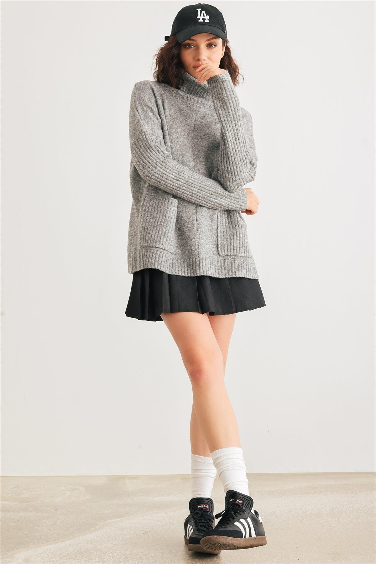 Heather Grey Knit Turtle Neck Two Pocket Long Sleeve Sweater /2-2-2