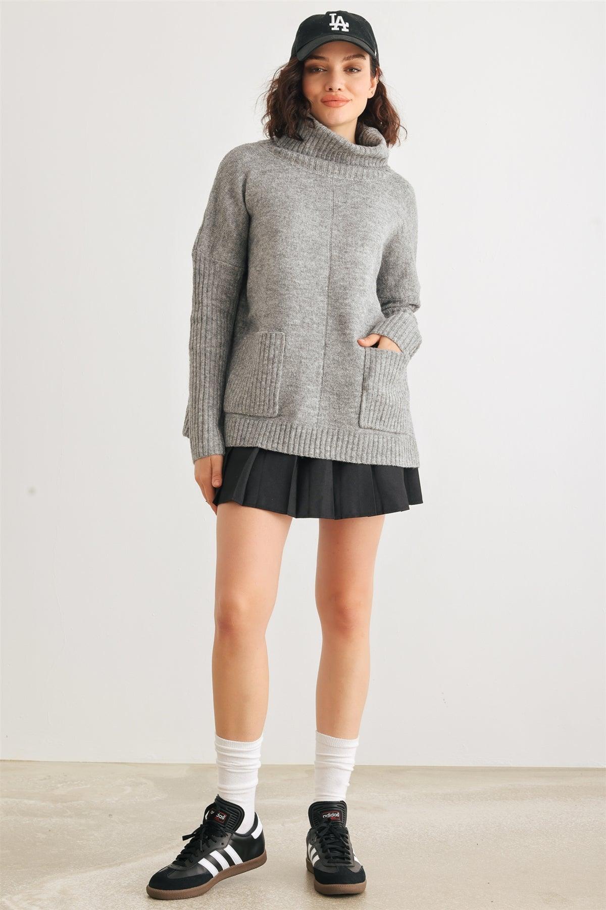 Heather Grey Knit Turtle Neck Two Pocket Long Sleeve Sweater /2-2-2