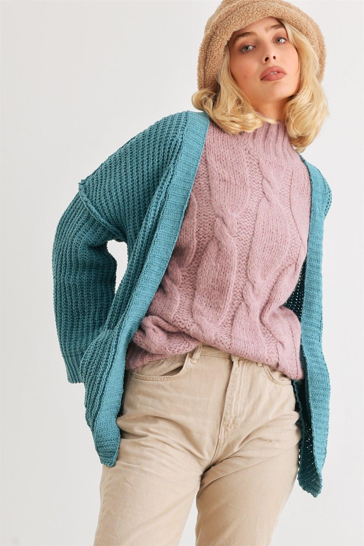 Blue Knit Long Sleeve Two Pocket Open Front Cardigan /2-1