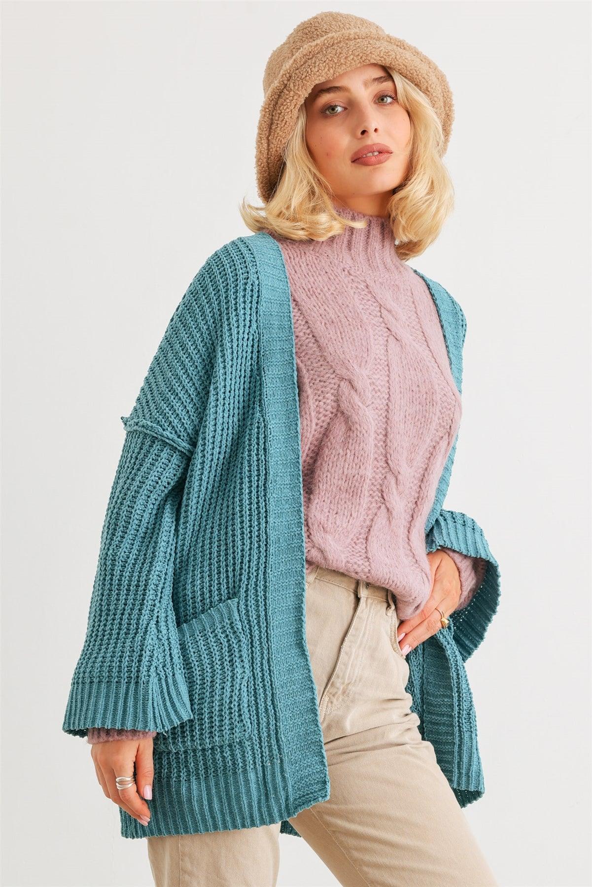 Blue Knit Long Sleeve Two Pocket Open Front Cardigan /2-1