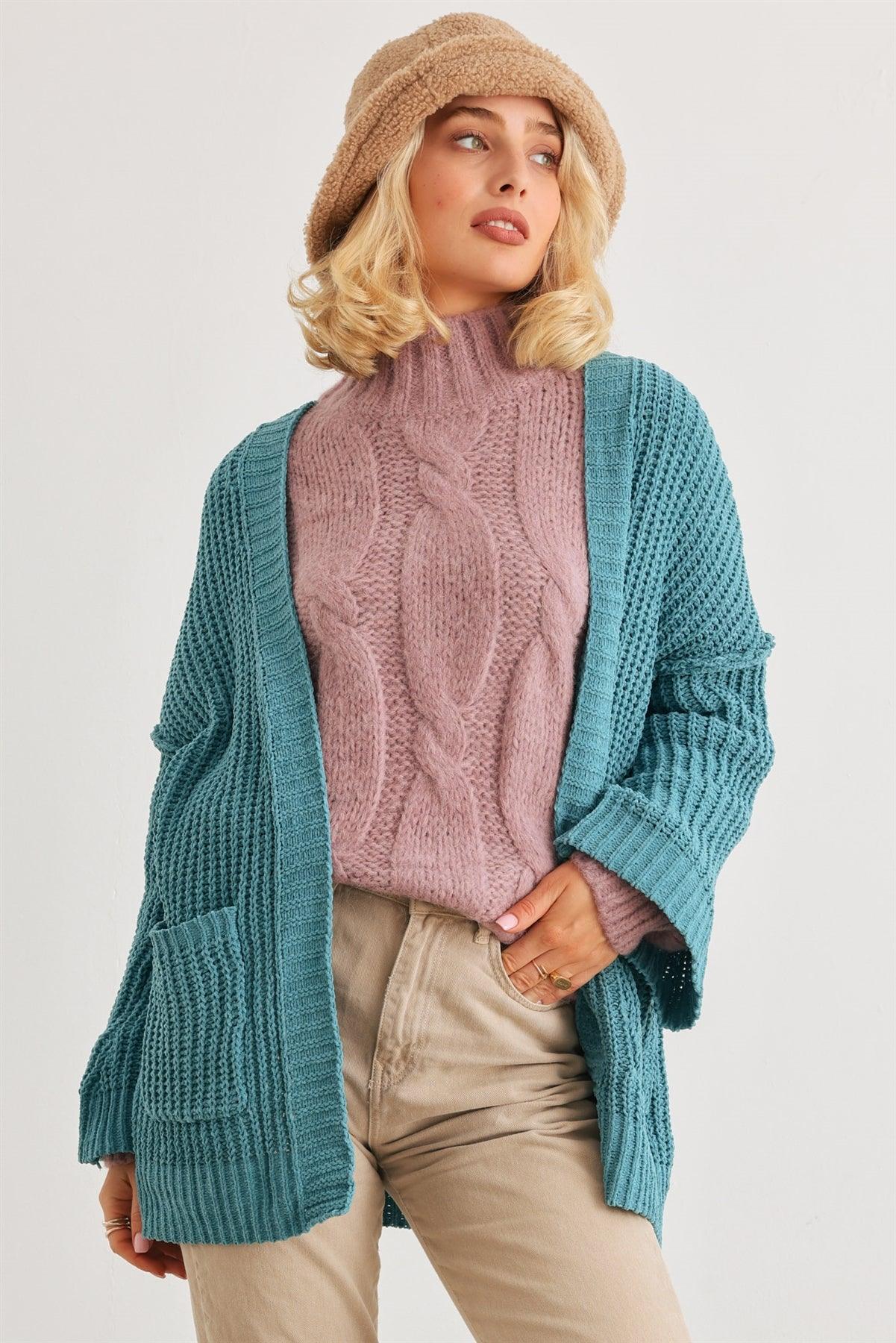 Blue Knit Long Sleeve Two Pocket Open Front Cardigan /2-1