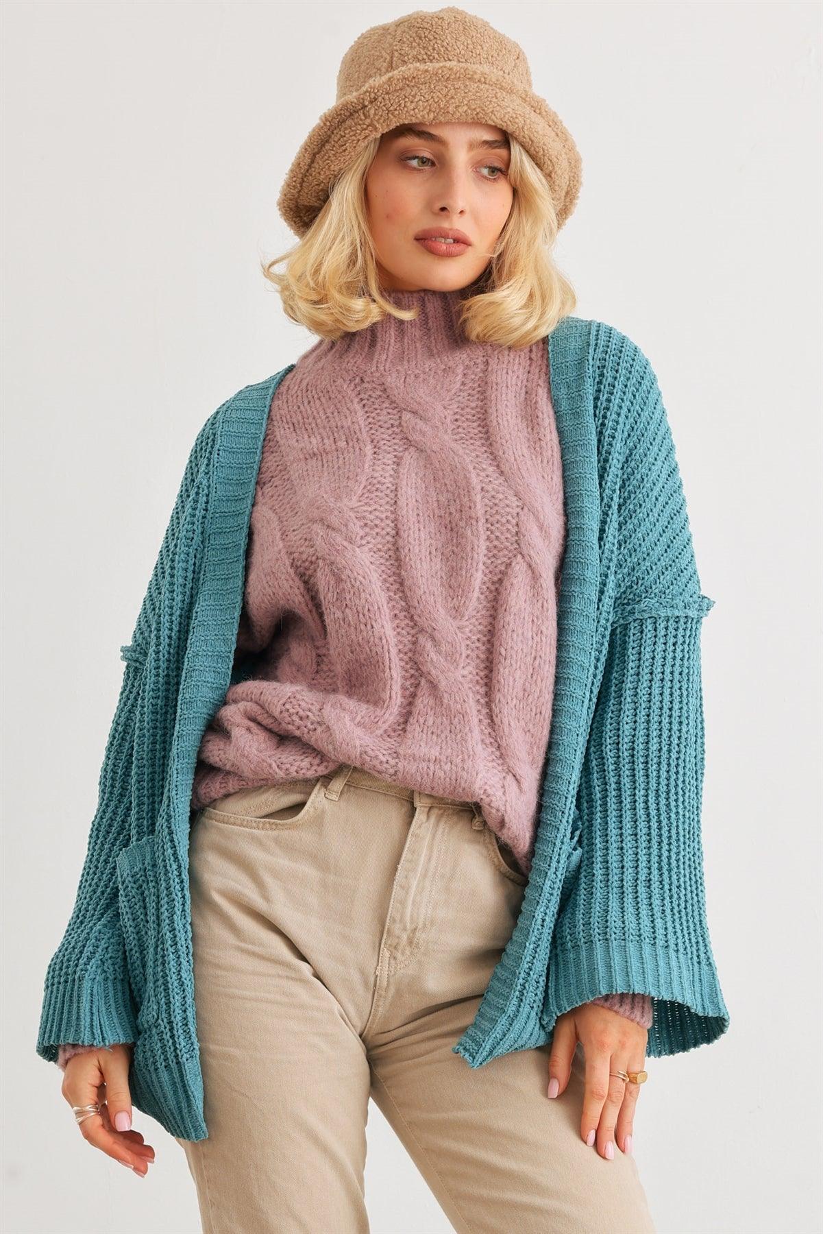 Blue Knit Long Sleeve Two Pocket Open Front Cardigan /2-1