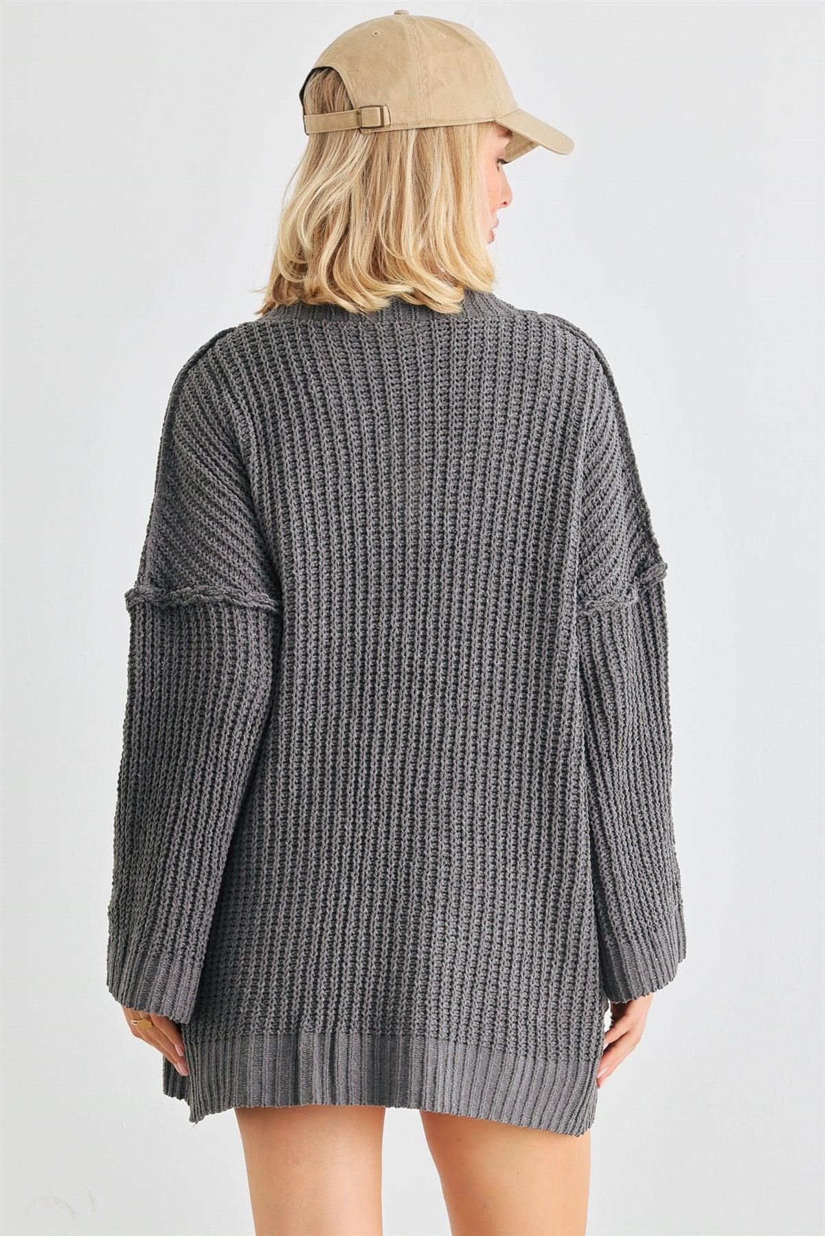 Charcoal Knit Long Sleeve Two Pocket Open Front Cardigan /2-3-2