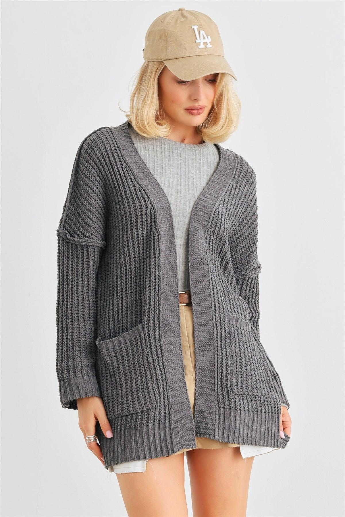 Charcoal Knit Long Sleeve Two Pocket Open Front Cardigan /2-3-2