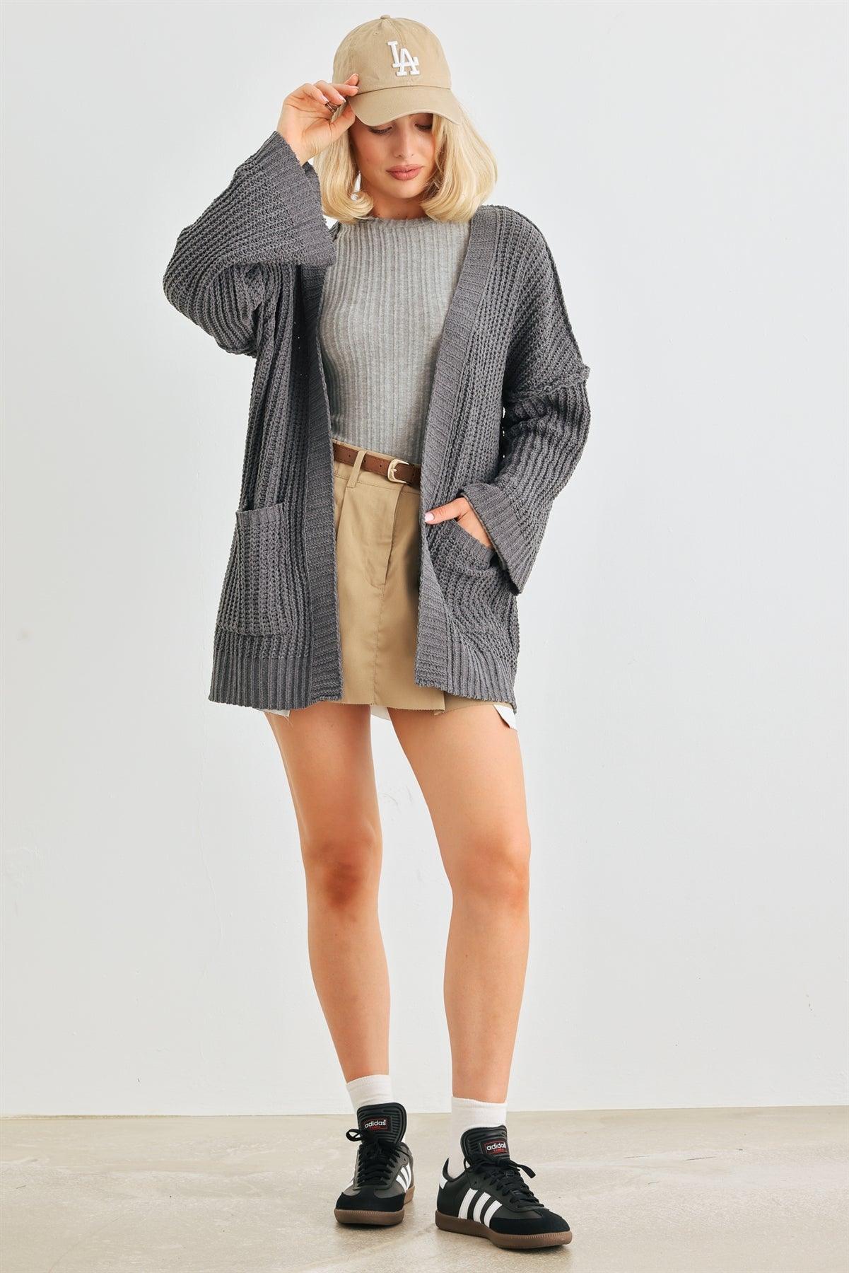 Charcoal Knit Long Sleeve Two Pocket Open Front Cardigan /2-3-2