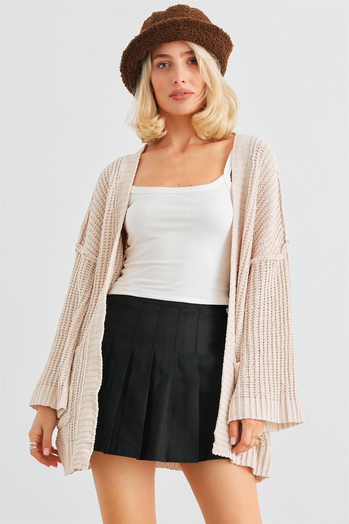 Cream Knit Long Sleeve Two Pocket Open Front Cardigan /2-2-2