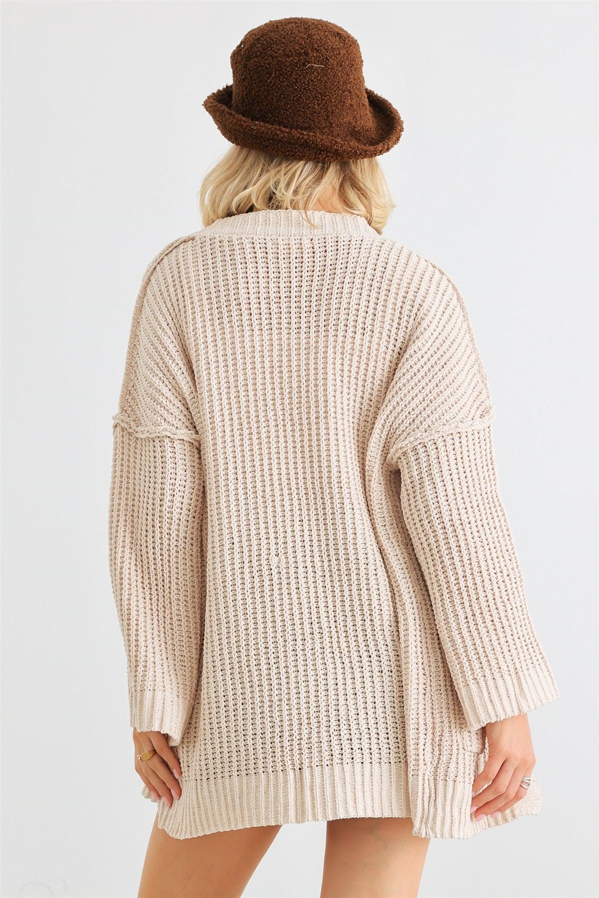 Cream Knit Long Sleeve Two Pocket Open Front Cardigan /2-2-2