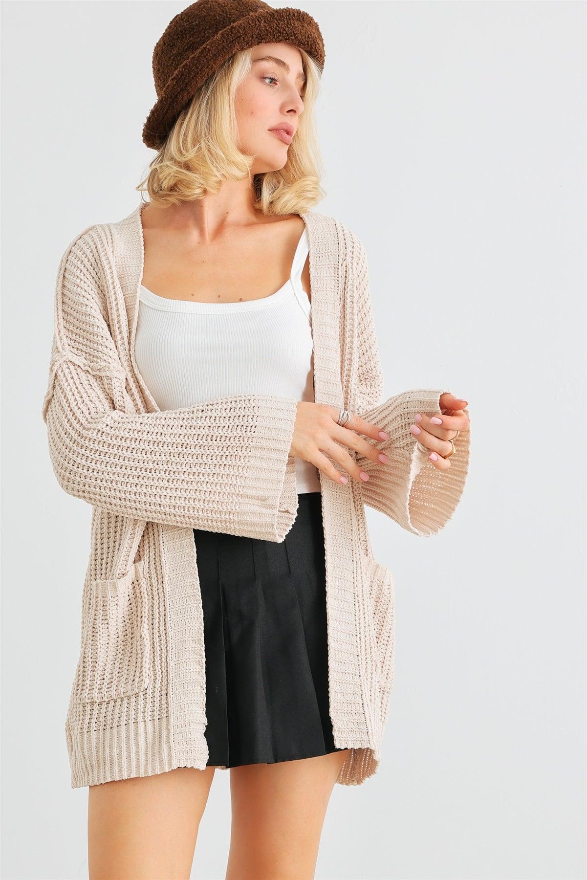 Cream Knit Long Sleeve Two Pocket Open Front Cardigan /2-2-2