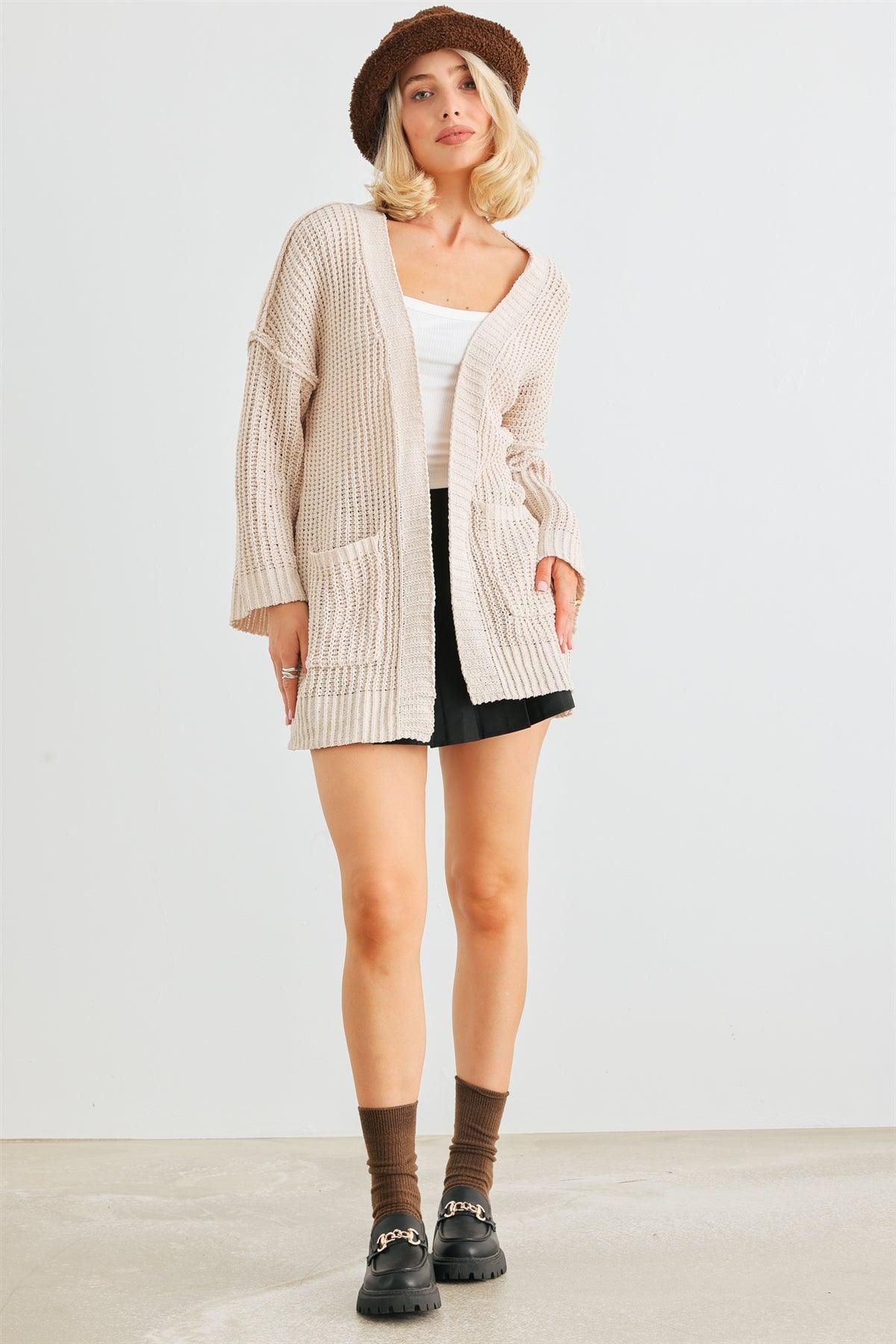 Cream Knit Long Sleeve Two Pocket Open Front Cardigan /2-2-2