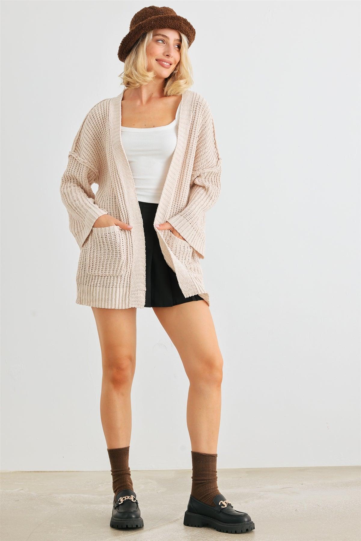 Cream Knit Long Sleeve Two Pocket Open Front Cardigan /2-2-2