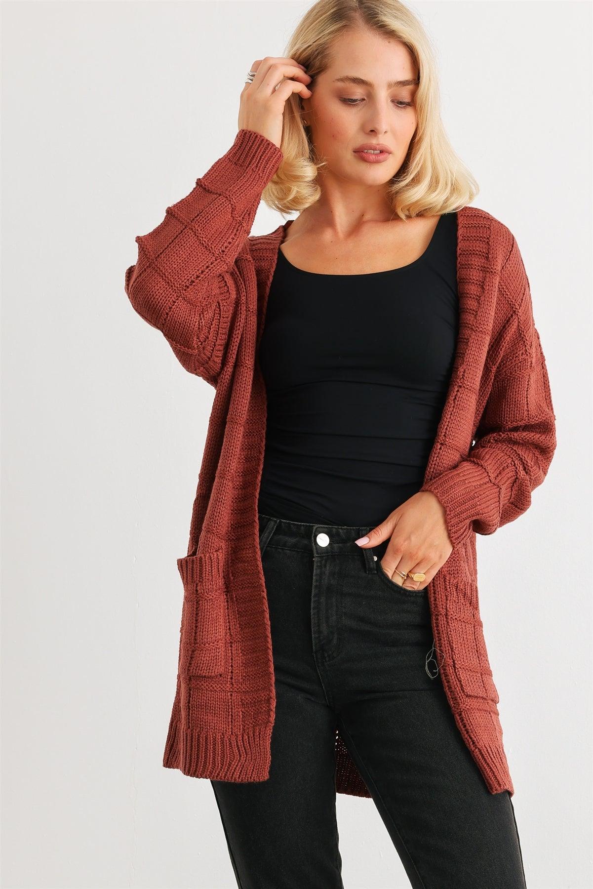 Brick Knit Two Pocket Long Sleeve Open Front Cardigan /2-2-2