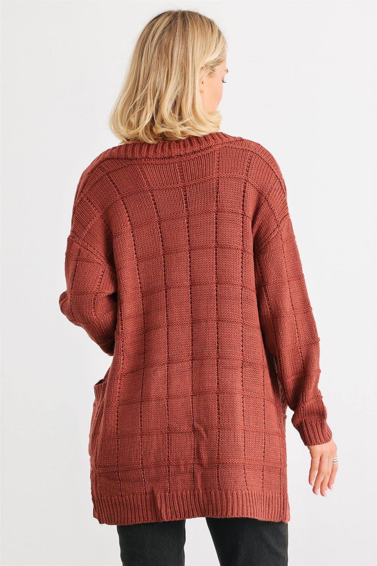 Brick Knit Two Pocket Long Sleeve Open Front Cardigan /2-2-2