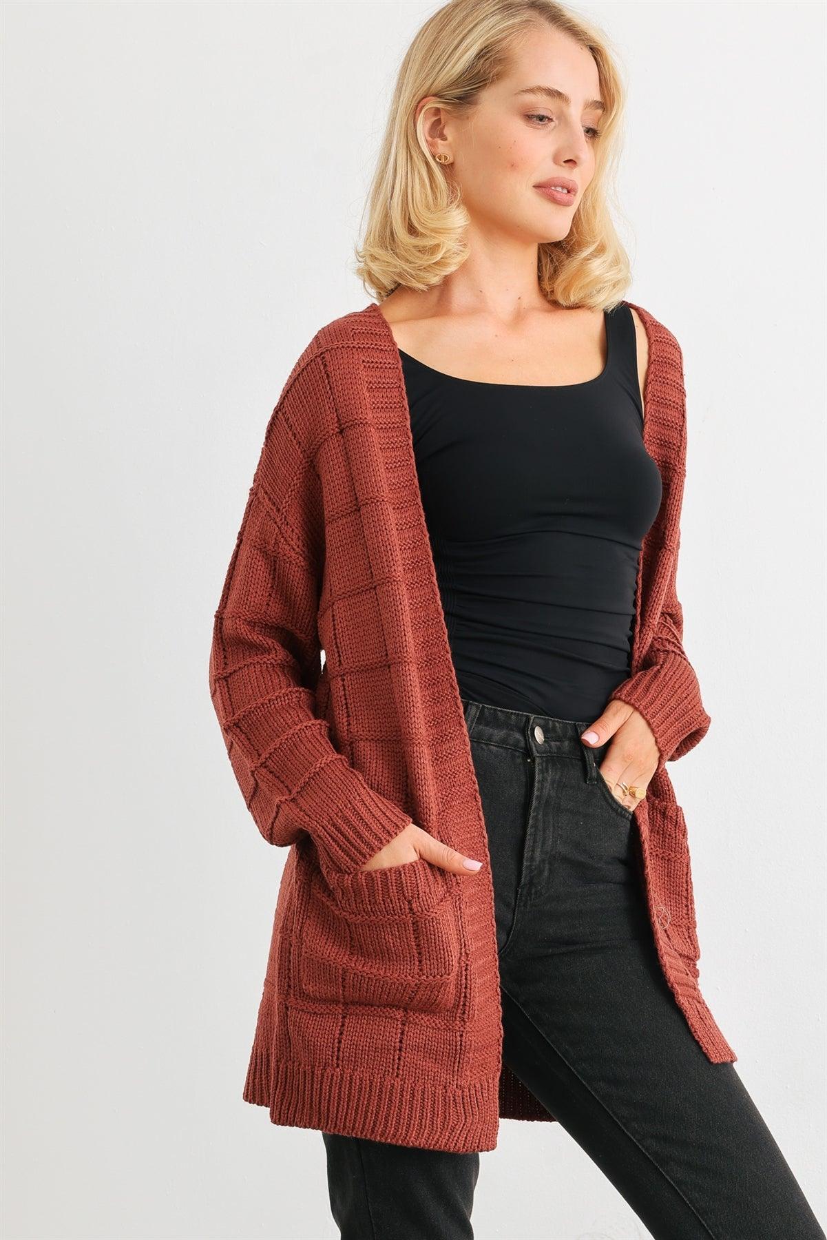 Brick Knit Two Pocket Long Sleeve Open Front Cardigan /2-2-2