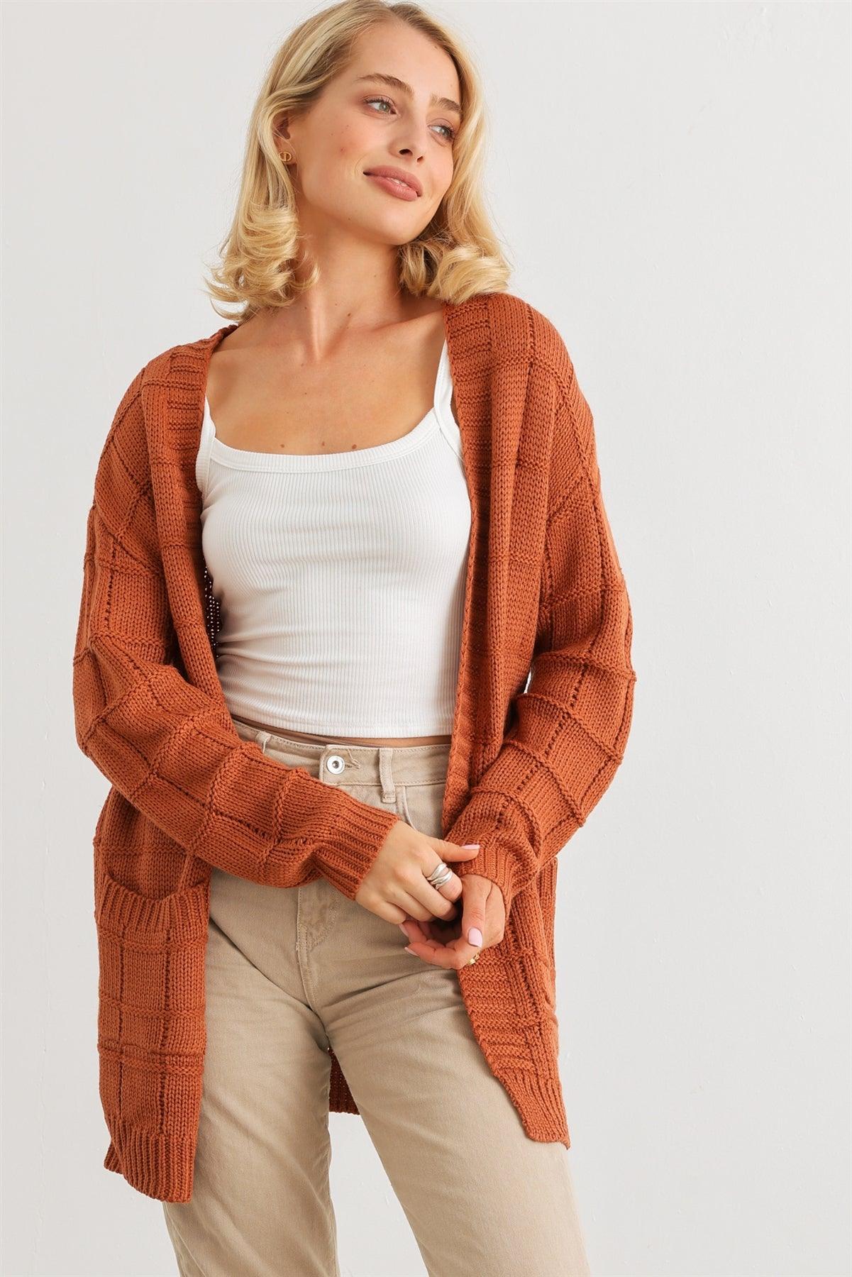 Camel Knit Two Pocket Long Sleeve Open Front Cardigan /2-2-2