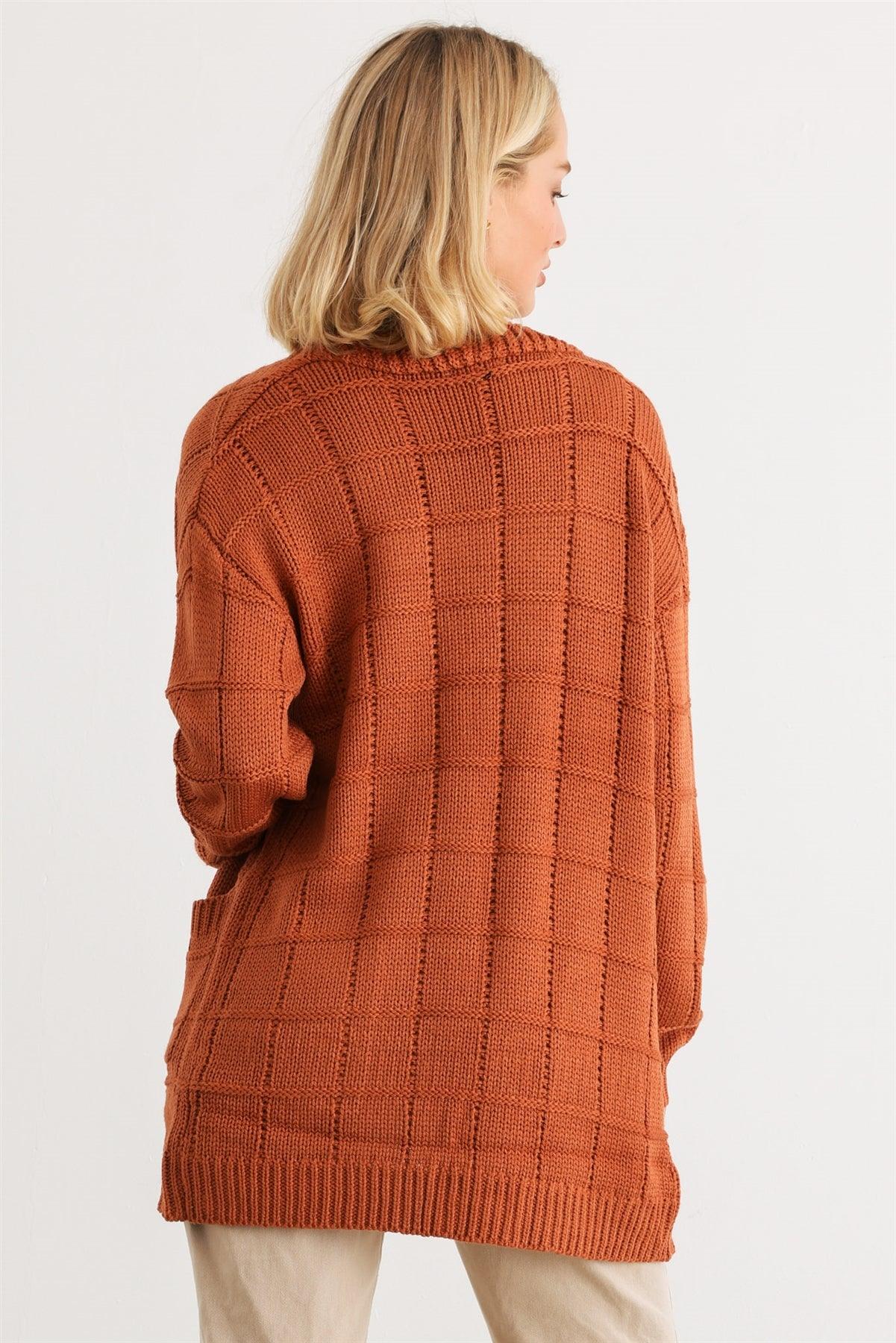 Camel Knit Two Pocket Long Sleeve Open Front Cardigan /2-2-2