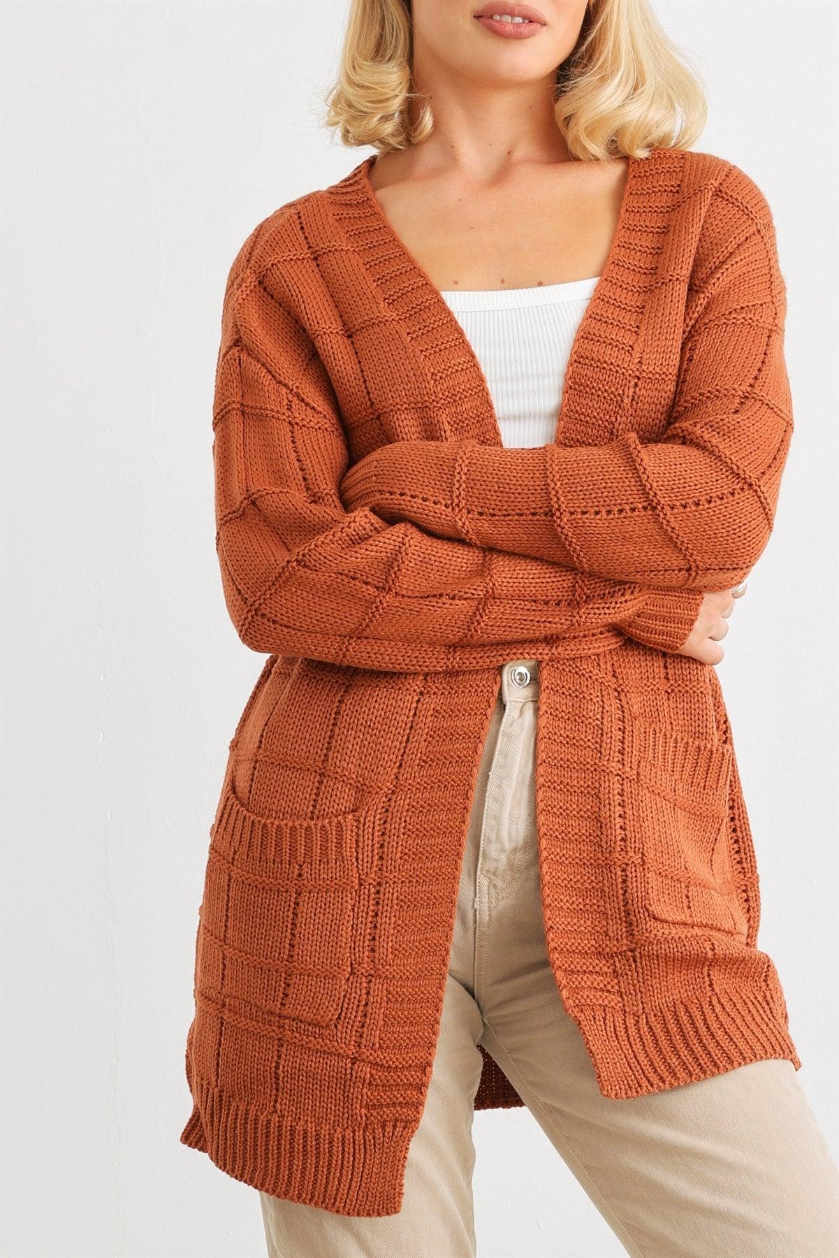 Camel Knit Two Pocket Long Sleeve Open Front Cardigan /2-2-2