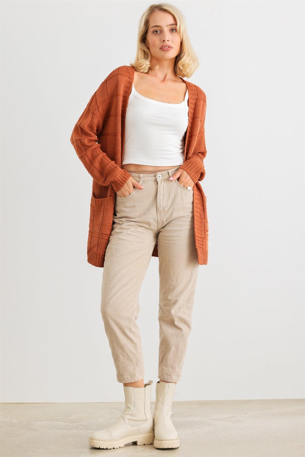 Camel Knit Two Pocket Long Sleeve Open Front Cardigan /2-2-2