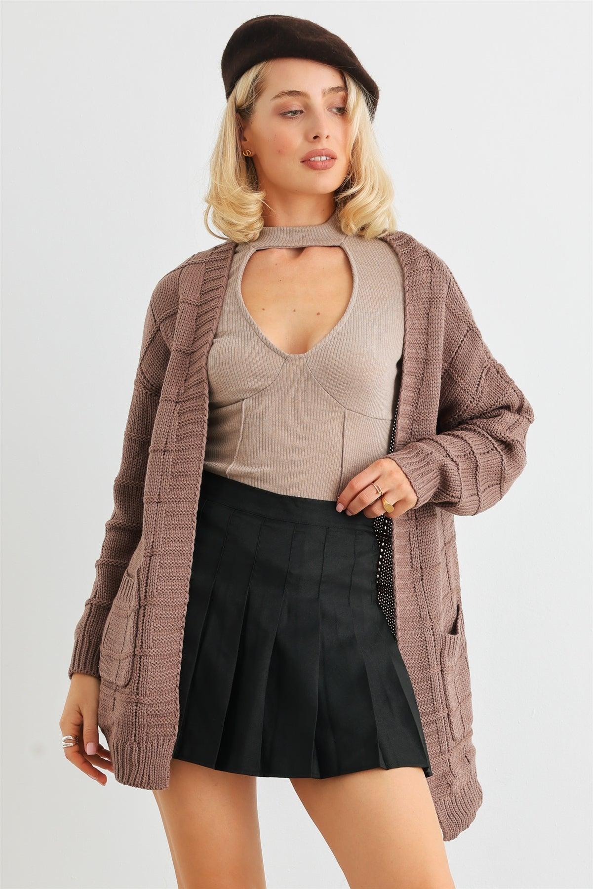 Cocoa Brown Knit Two Pocket Long Sleeve Open Front Cardigan /2-2