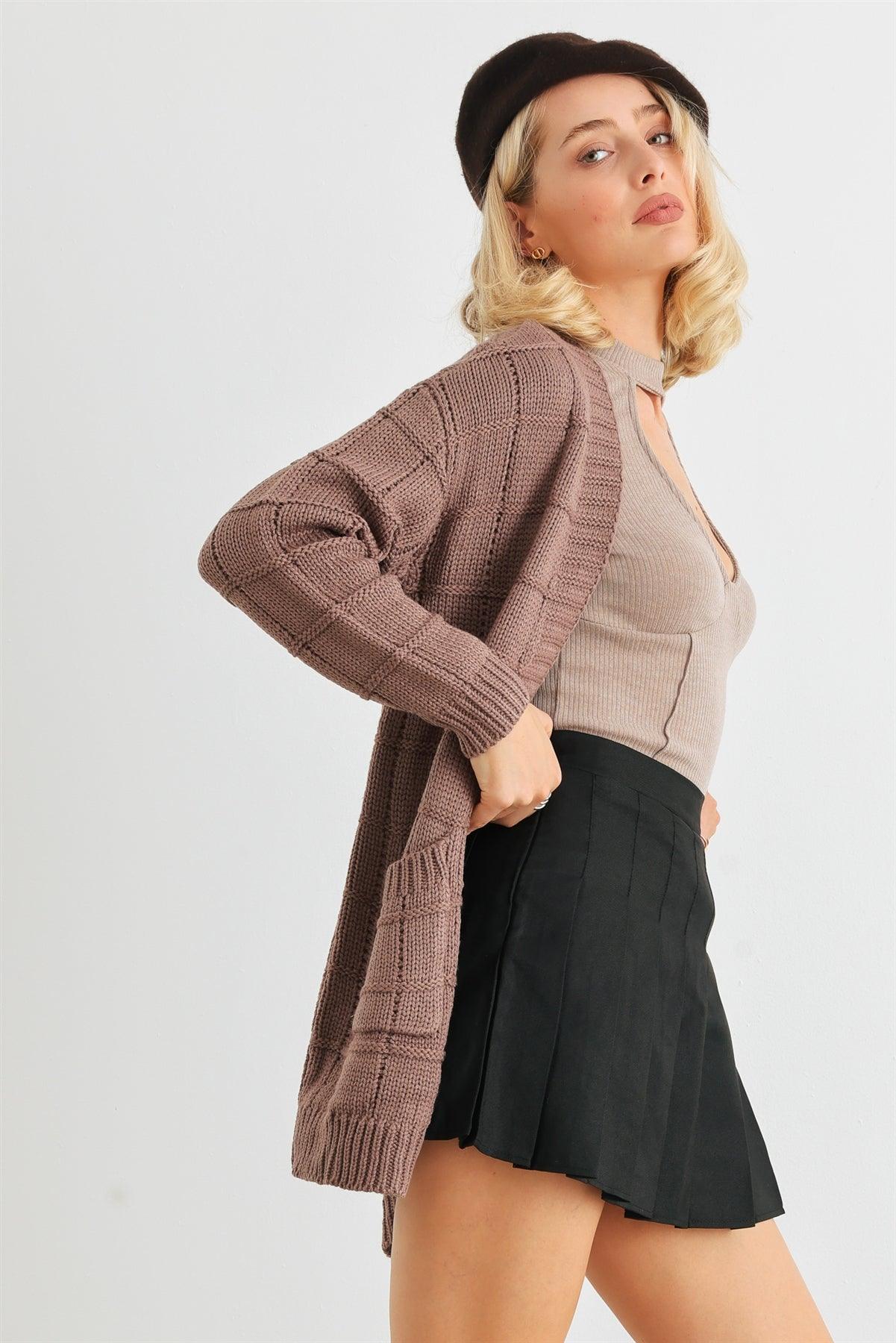 Cocoa Brown Knit Two Pocket Long Sleeve Open Front Cardigan /2-2