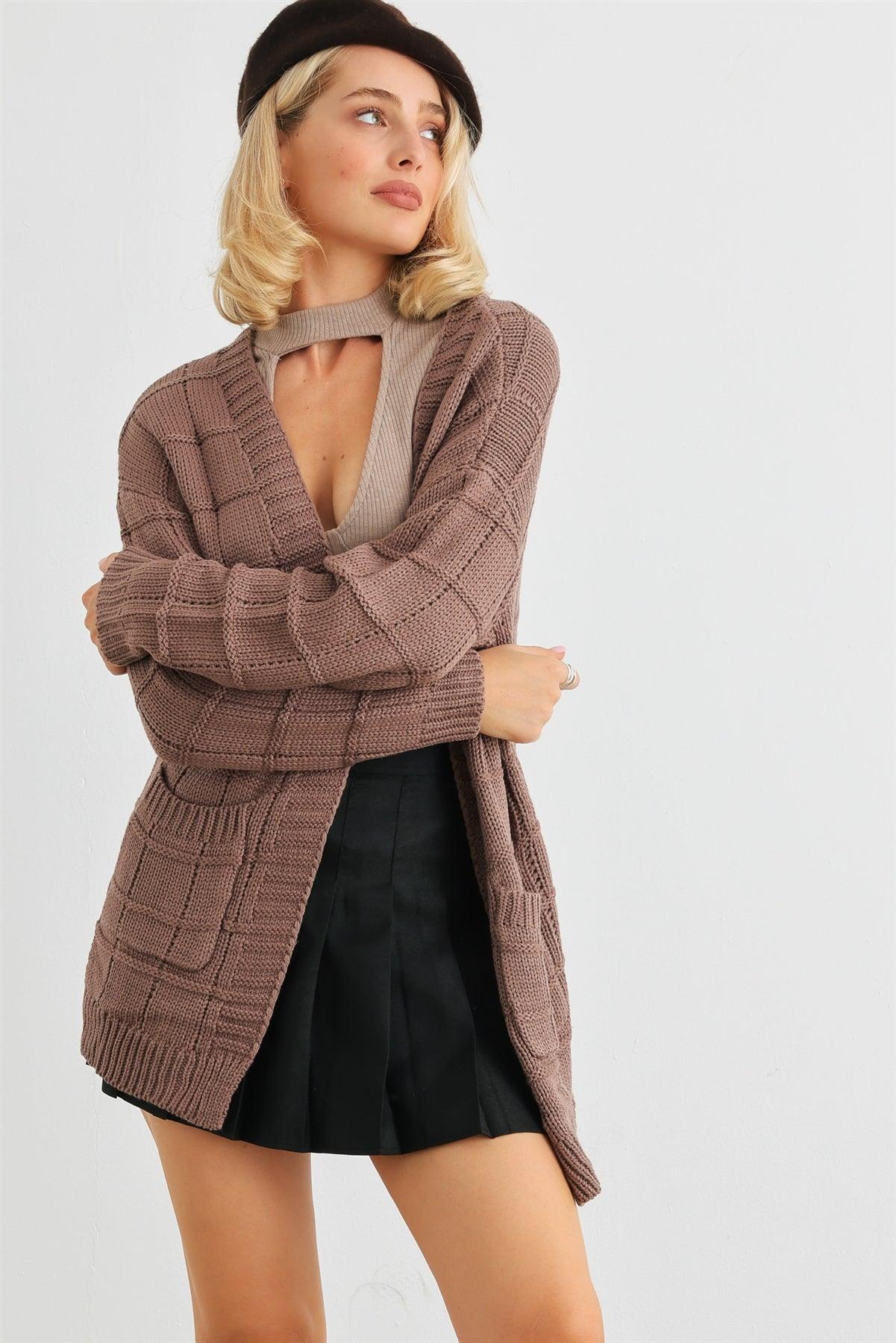 Cocoa Brown Knit Two Pocket Long Sleeve Open Front Cardigan /2-2