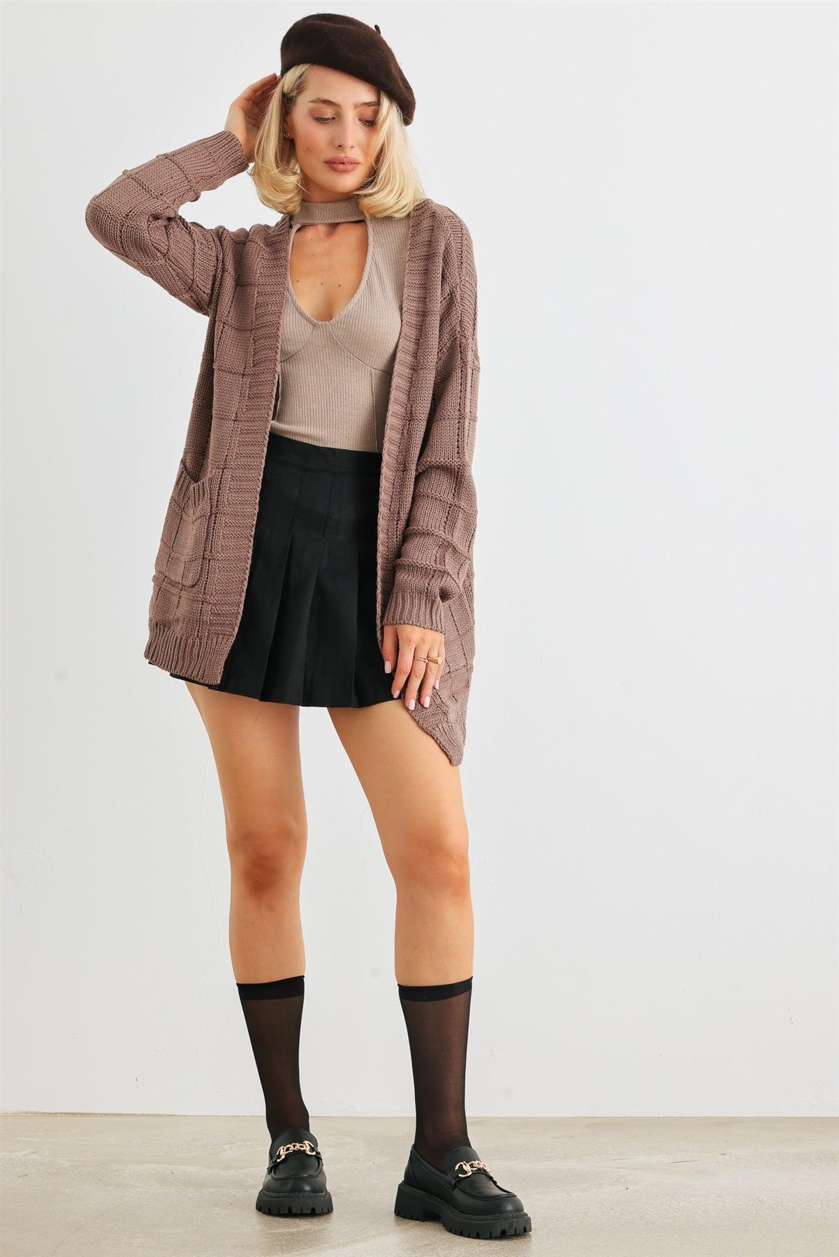 Cocoa Brown Knit Two Pocket Long Sleeve Open Front Cardigan /2-2