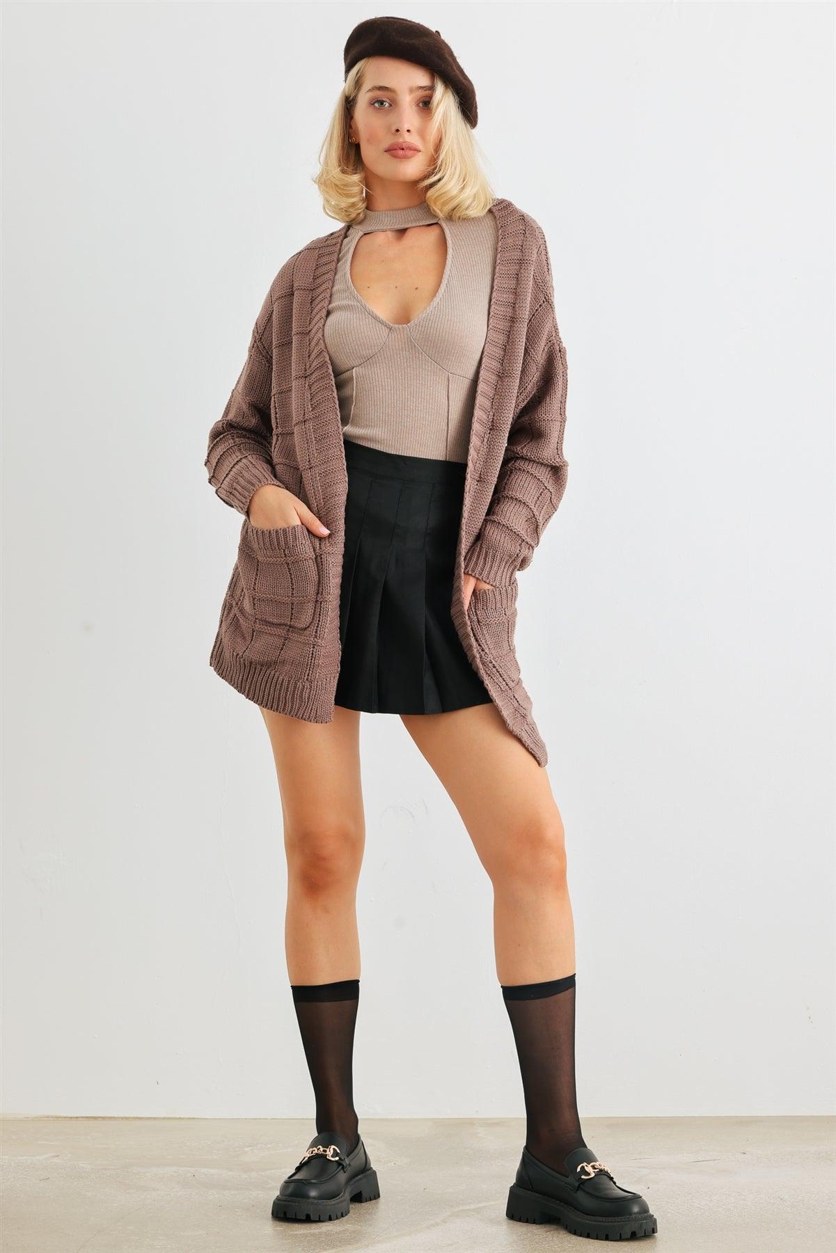 Cocoa Brown Knit Two Pocket Long Sleeve Open Front Cardigan /2-2