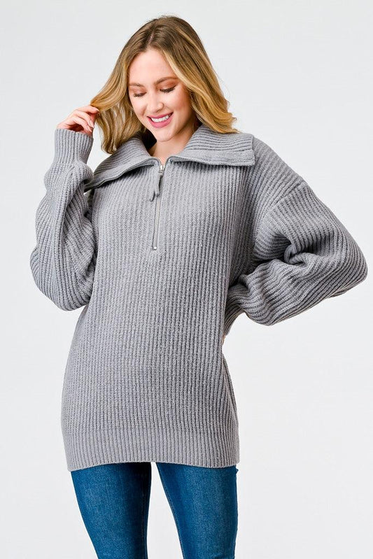 Heather Grey Knit Zip-Up Turtle Neck Long Sleeve Sweater /2-2-2