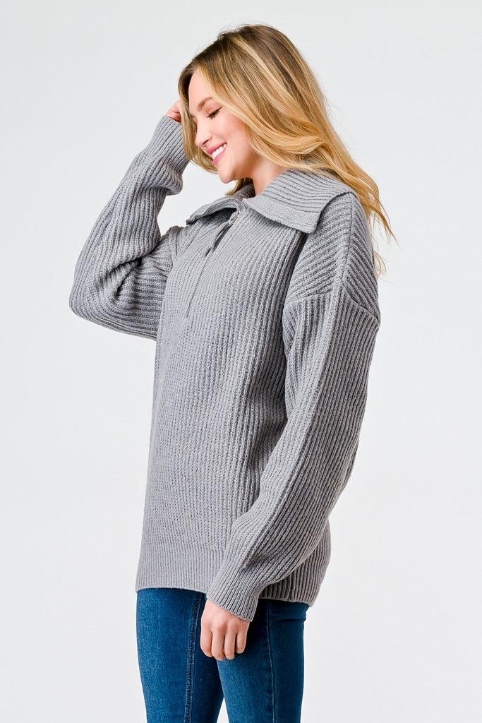 Heather Grey Knit Zip-Up Turtle Neck Long Sleeve Sweater /2-2-2