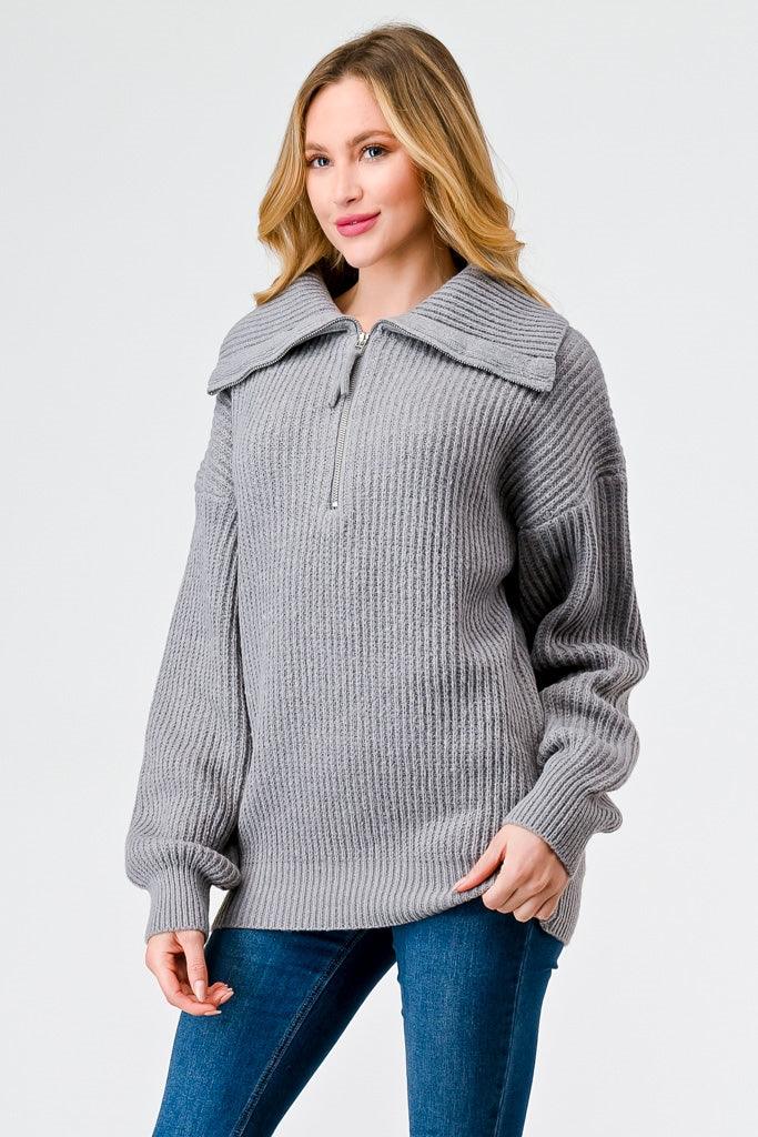 Heather Grey Knit Zip-Up Turtle Neck Long Sleeve Sweater /2-2-2