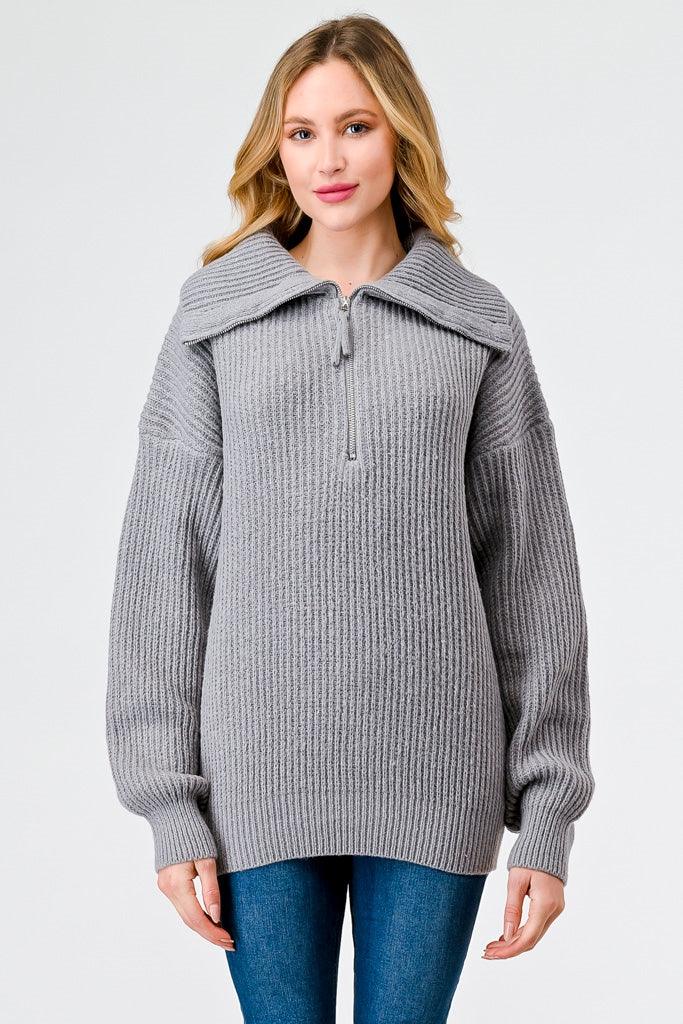 Heather Grey Knit Zip-Up Turtle Neck Long Sleeve Sweater /2-2-2