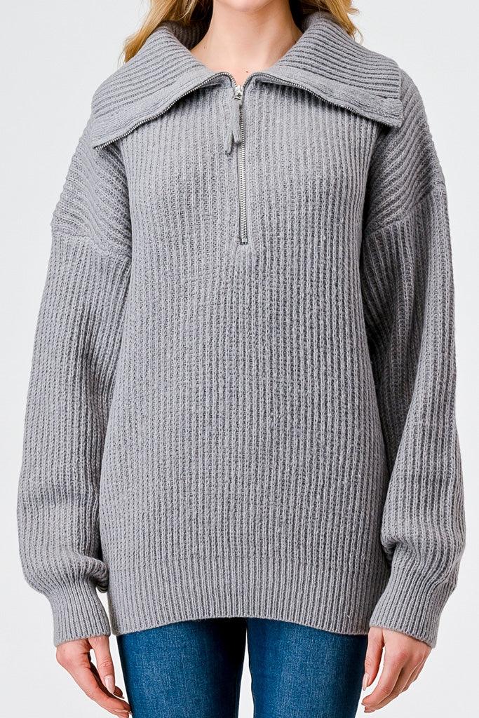 Heather Grey Knit Zip-Up Turtle Neck Long Sleeve Sweater /2-2-2