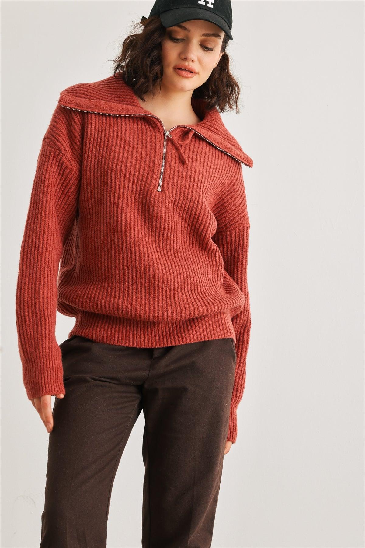 Rust Knit Zip-Up Turtle Neck Long Sleeve Sweater /2-2-2