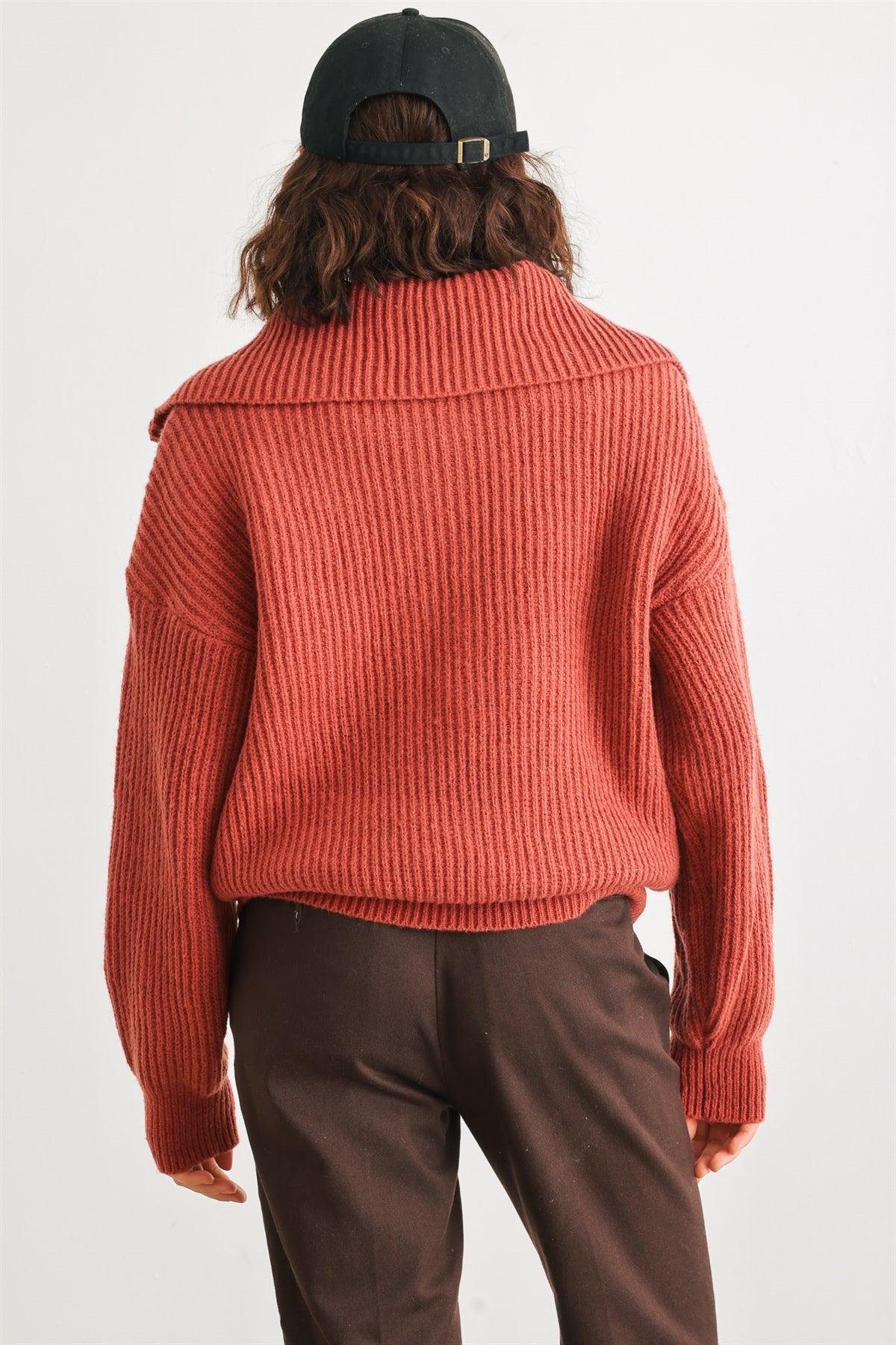 Rust Knit Zip-Up Turtle Neck Long Sleeve Sweater /2-2-2