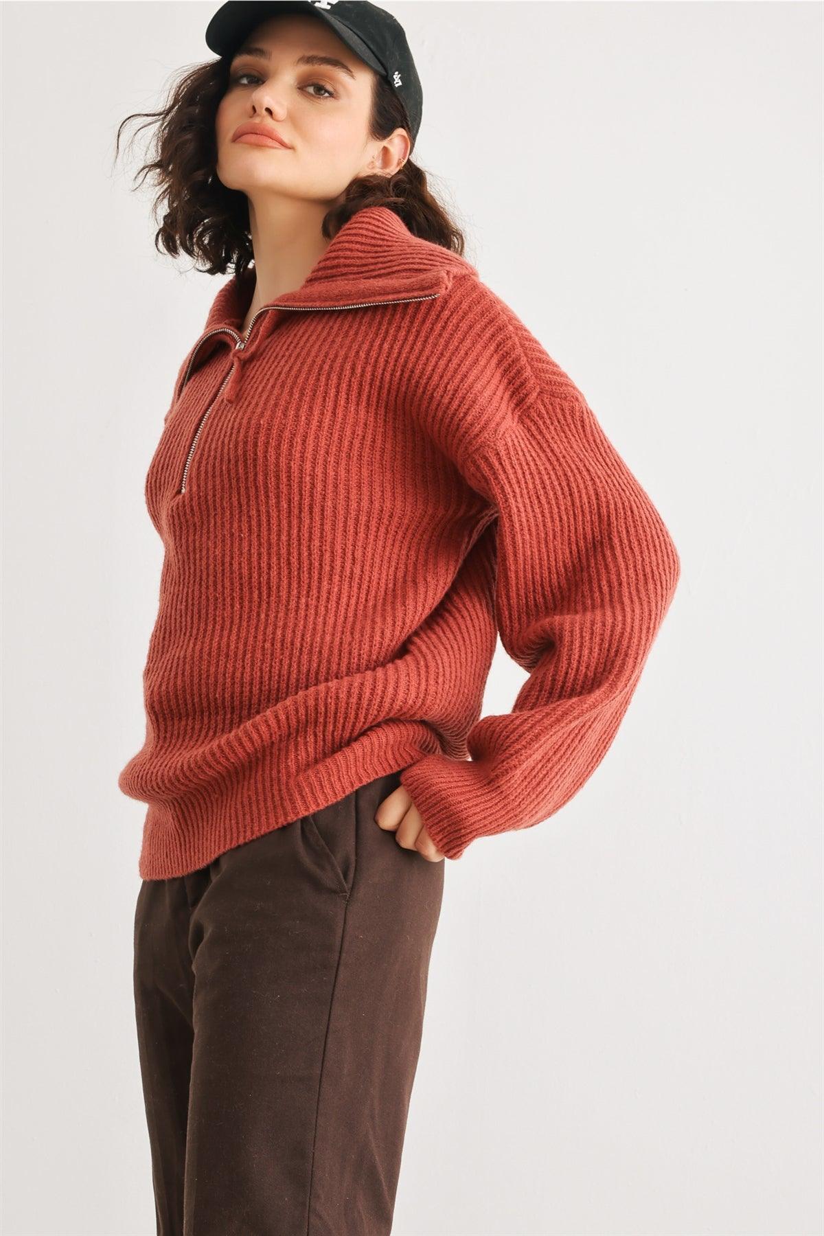 Rust Knit Zip-Up Turtle Neck Long Sleeve Sweater /2-2-2