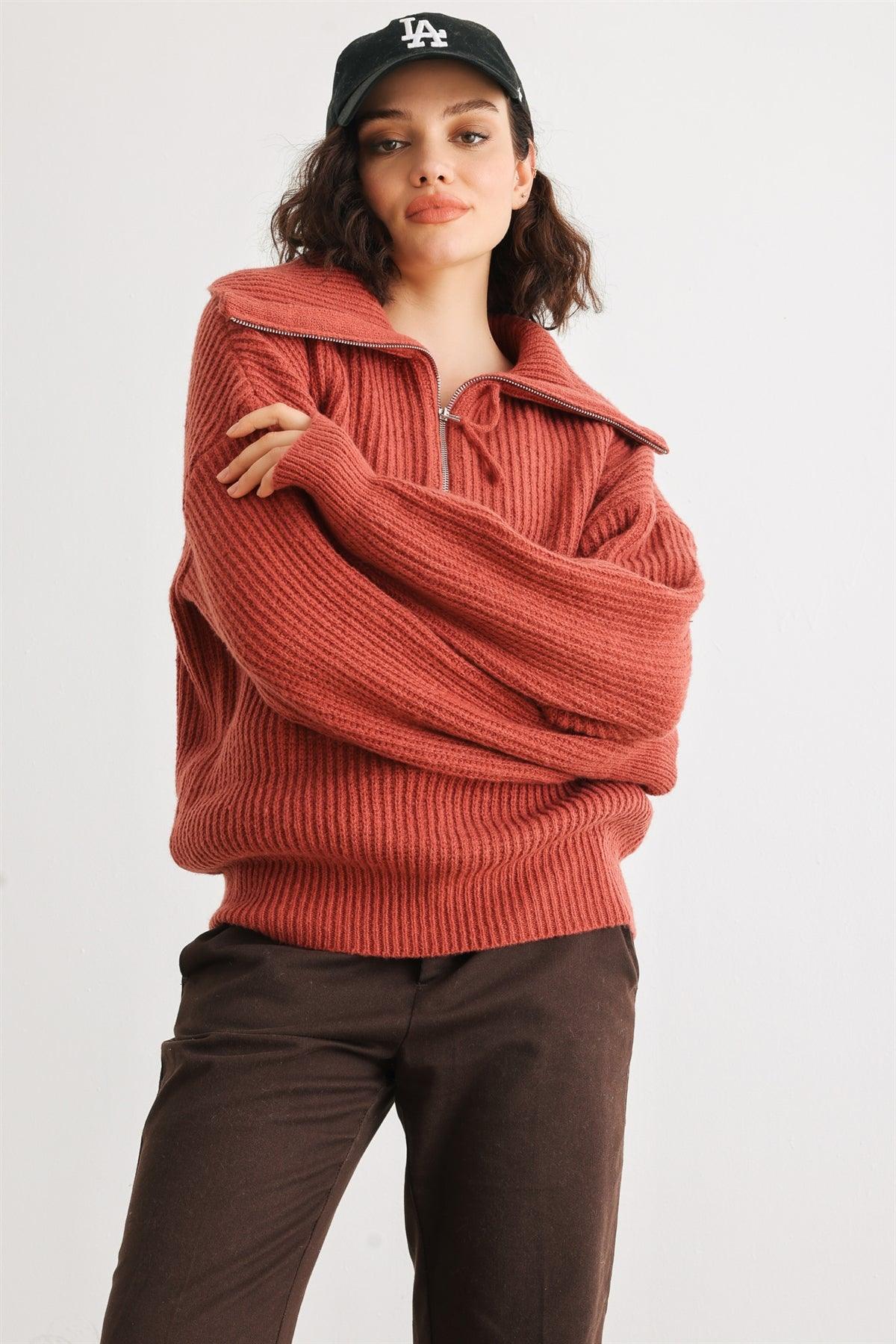 Rust Knit Zip-Up Turtle Neck Long Sleeve Sweater /2-2-2