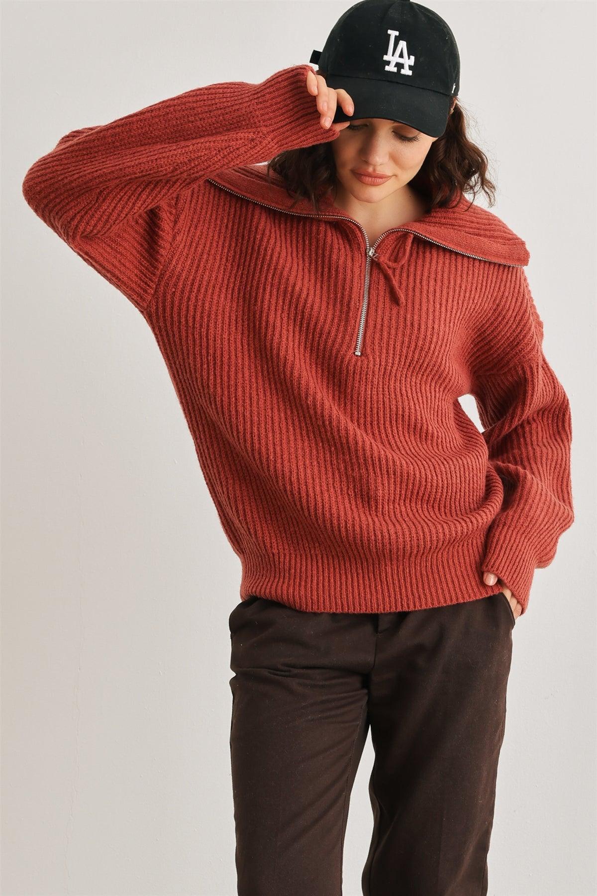 Rust Knit Zip-Up Turtle Neck Long Sleeve Sweater /2-2-2