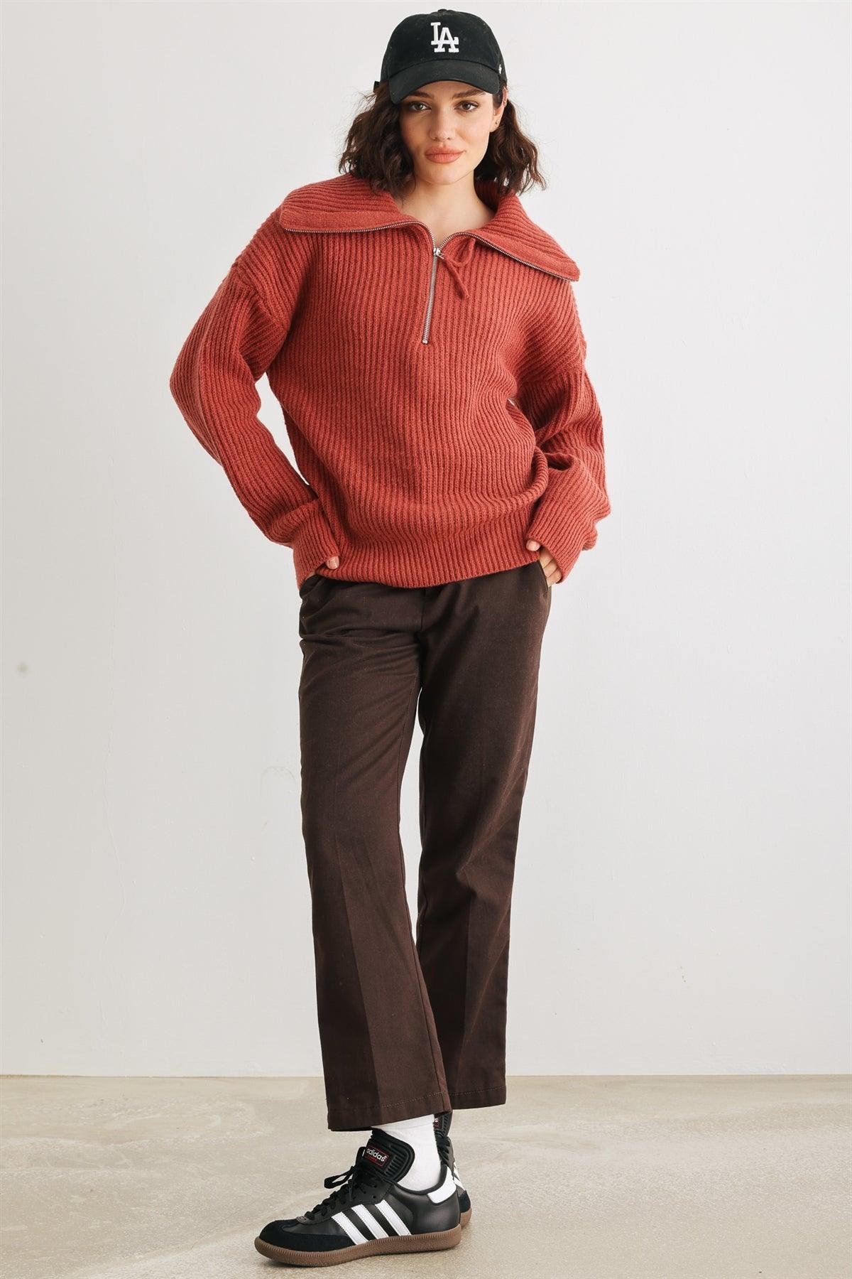 Rust Knit Zip-Up Turtle Neck Long Sleeve Sweater /2-2-2