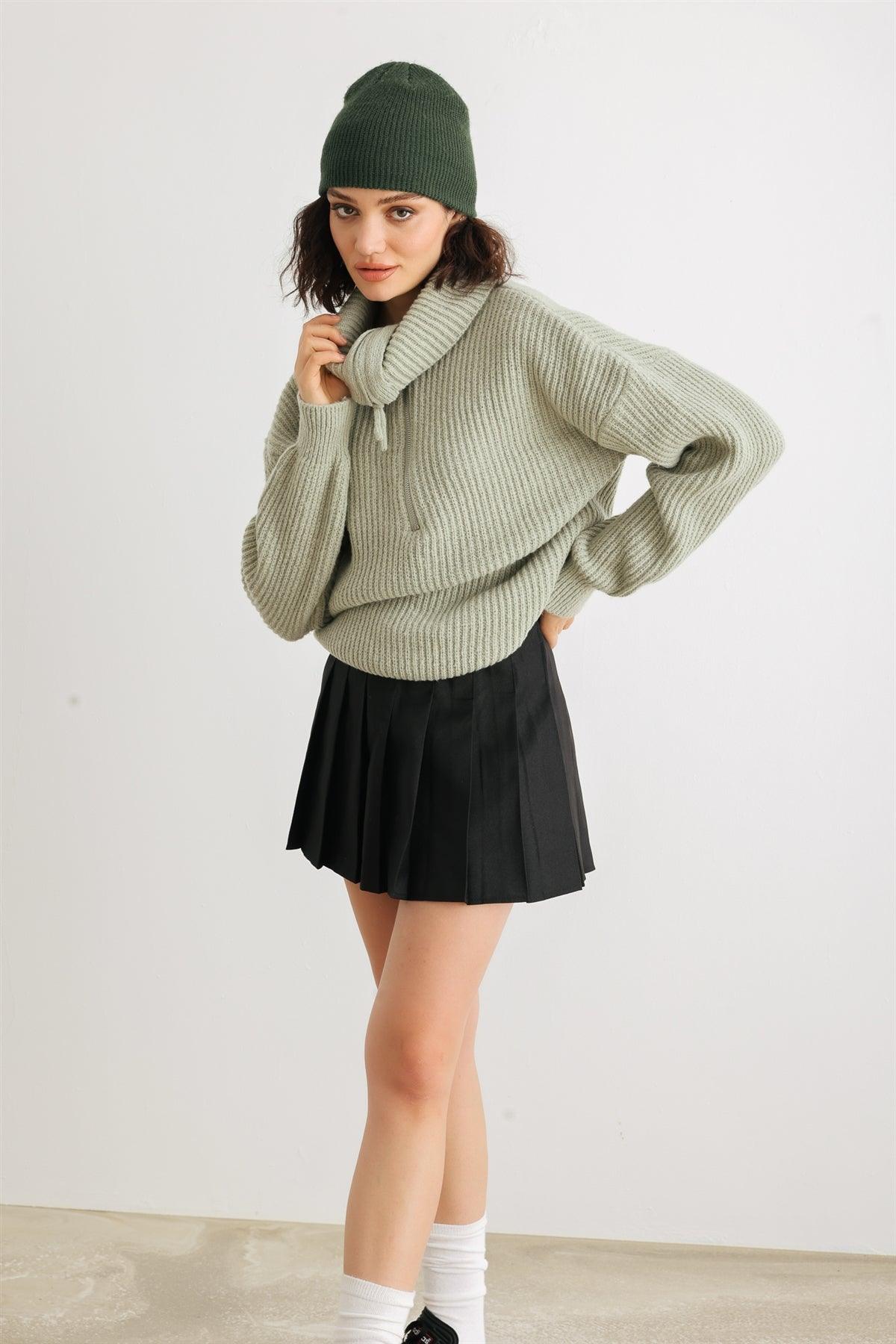 Sage Knit Zip-Up Turtle Neck Long Sleeve Sweater /2-2-2