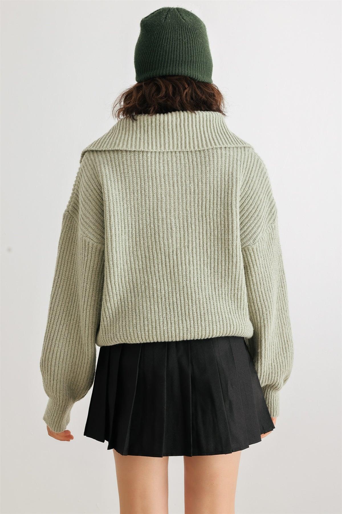 Sage Knit Zip-Up Turtle Neck Long Sleeve Sweater /2-2-2