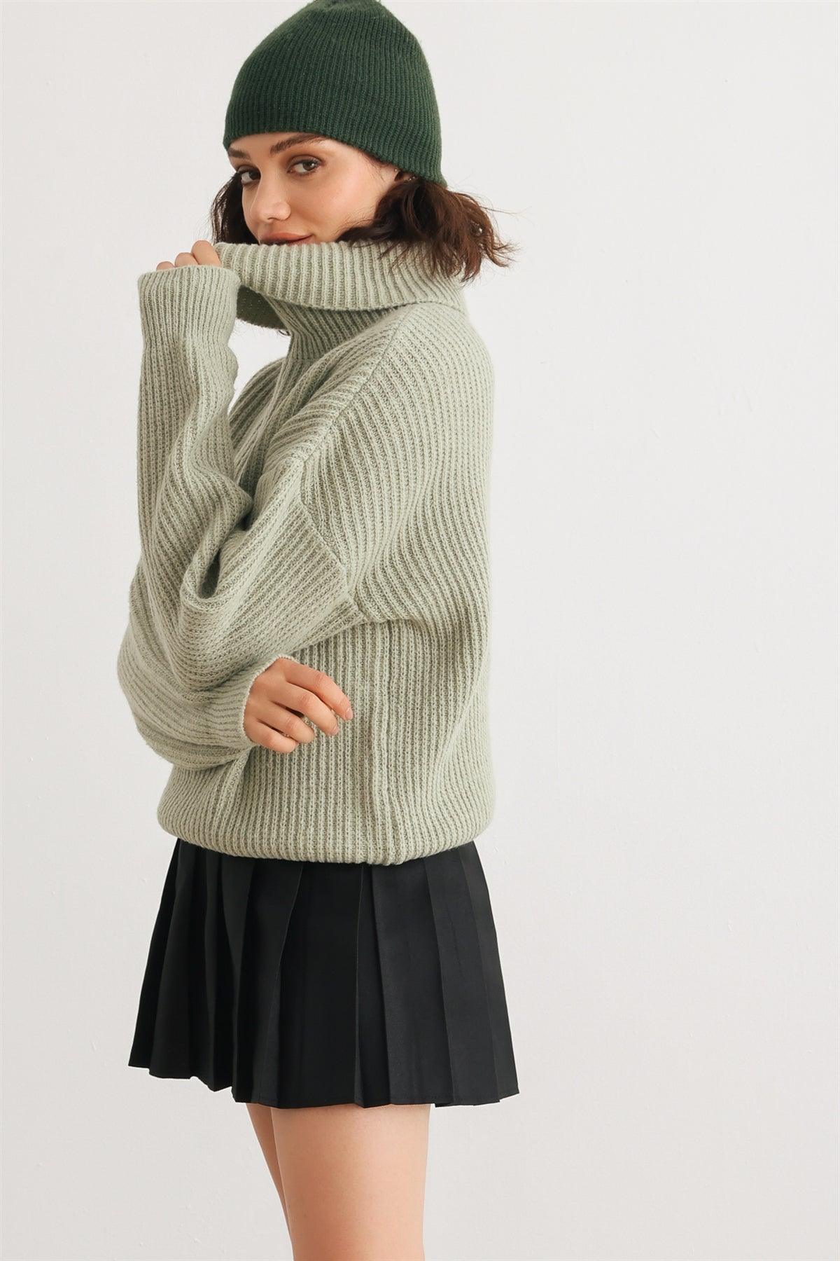 Sage Knit Zip-Up Turtle Neck Long Sleeve Sweater /2-2-2