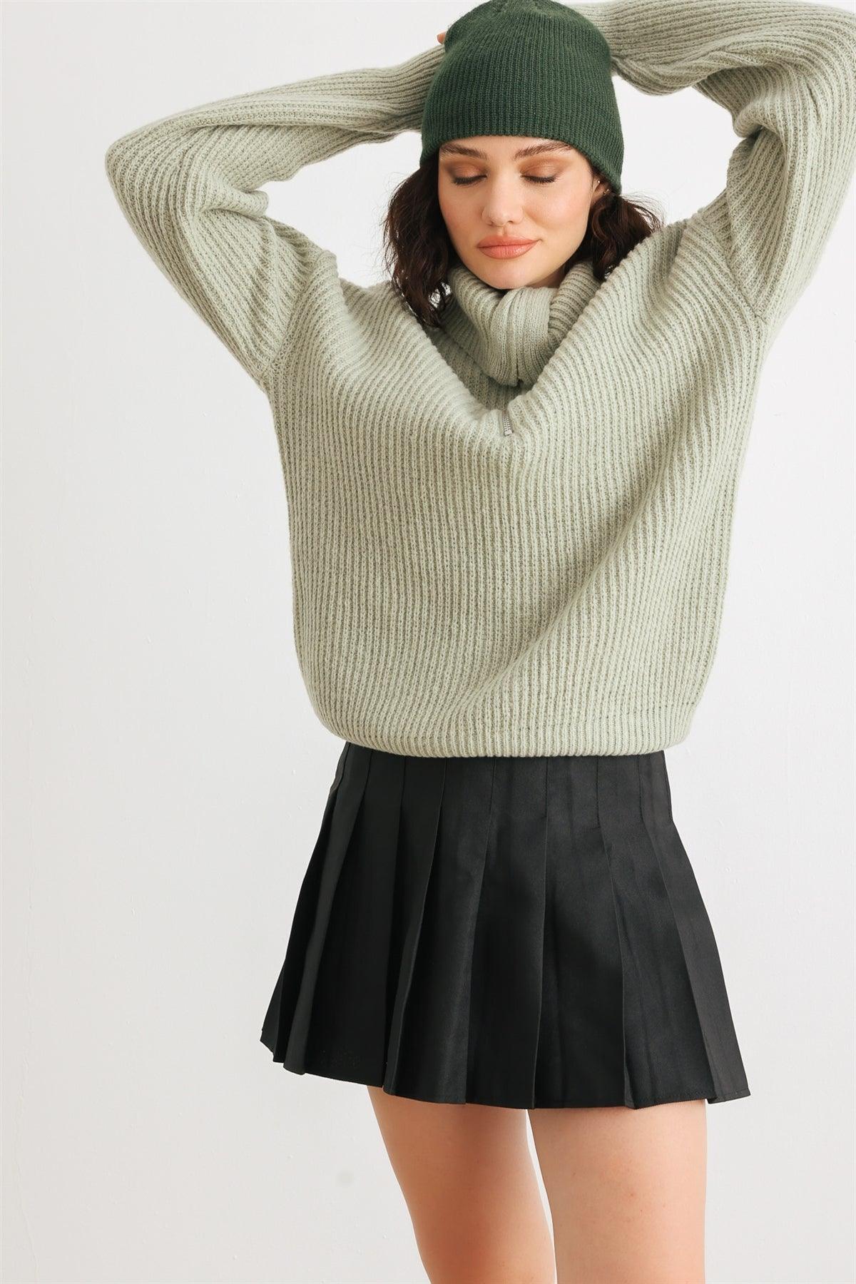 Sage Knit Zip-Up Turtle Neck Long Sleeve Sweater /2-2-2