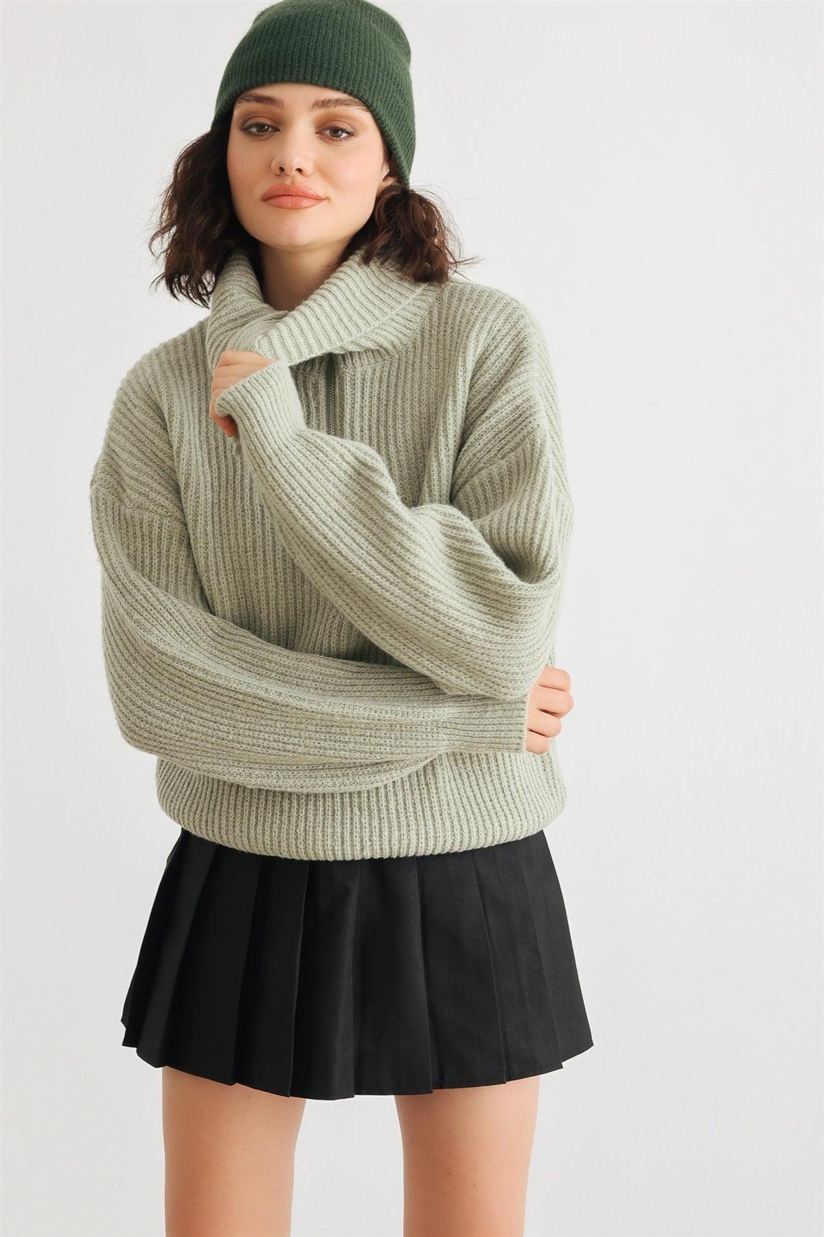 Sage Knit Zip-Up Turtle Neck Long Sleeve Sweater /2-2-2