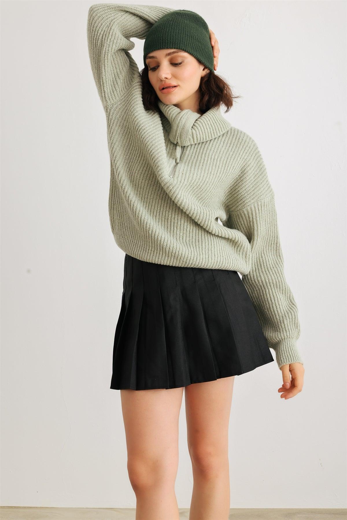 Sage Knit Zip-Up Turtle Neck Long Sleeve Sweater /2-2-2