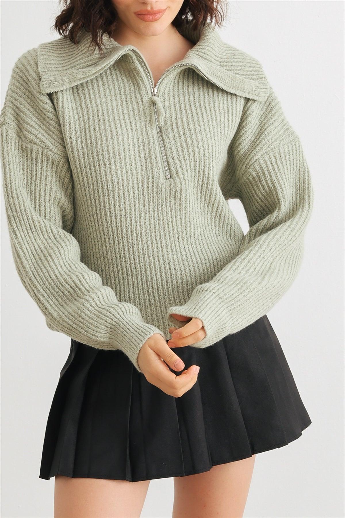 Sage Knit Zip-Up Turtle Neck Long Sleeve Sweater /2-2-2