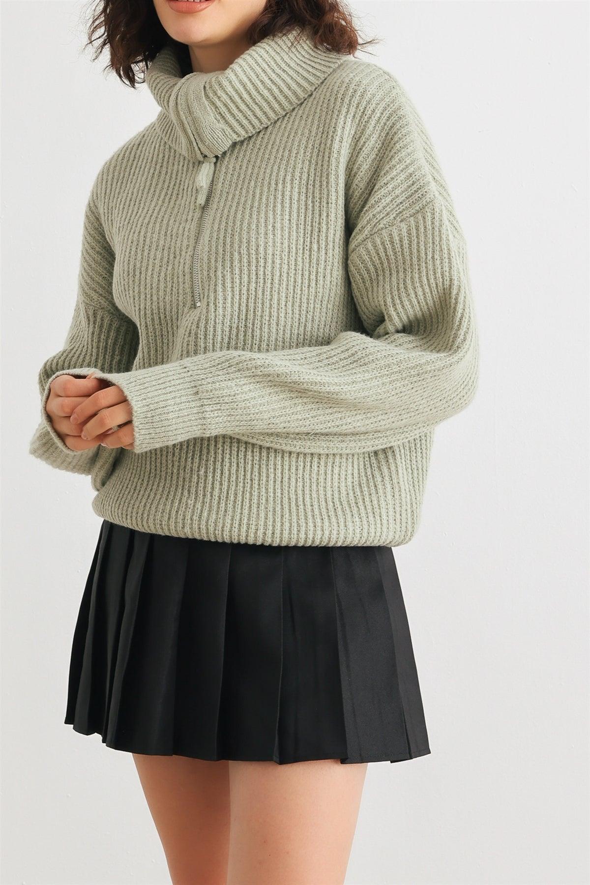 Sage Knit Zip-Up Turtle Neck Long Sleeve Sweater /2-2-2